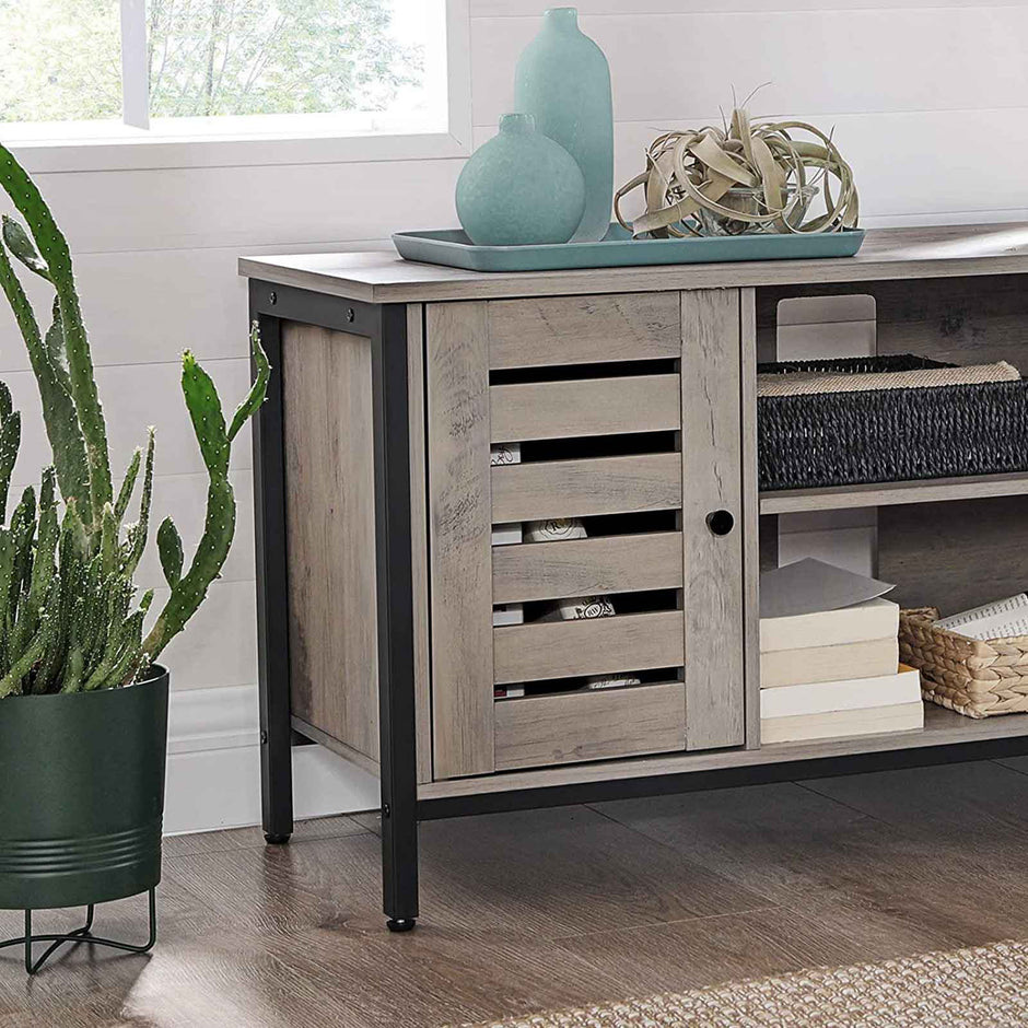 TV Console Unit – Wood – Rustic Brown – Louvered Doors, Storage Shelves