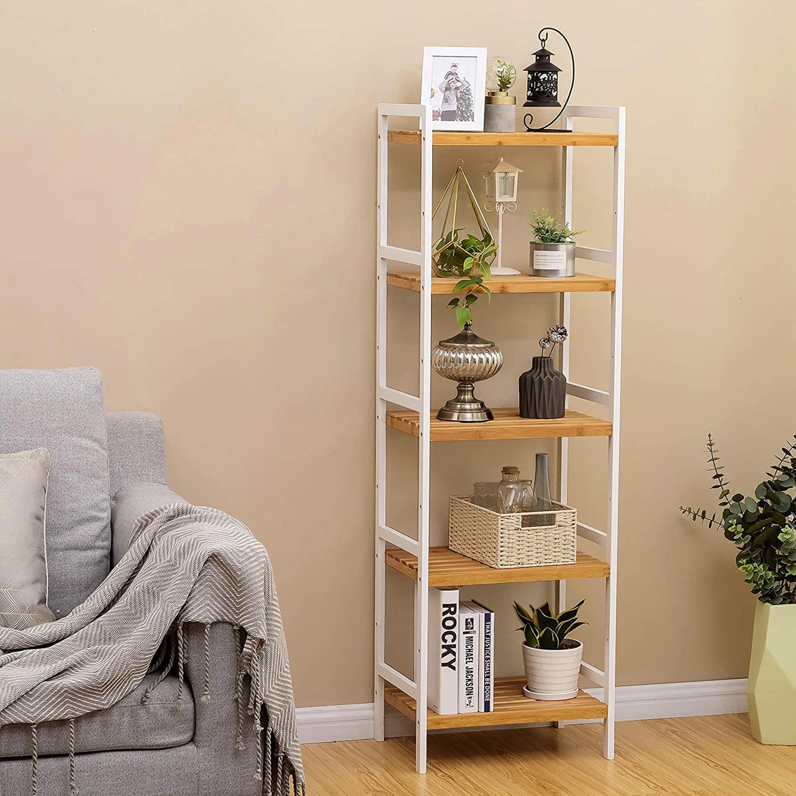 Bathroom Shelf – Bamboo – Natural White – 5-Tier Design