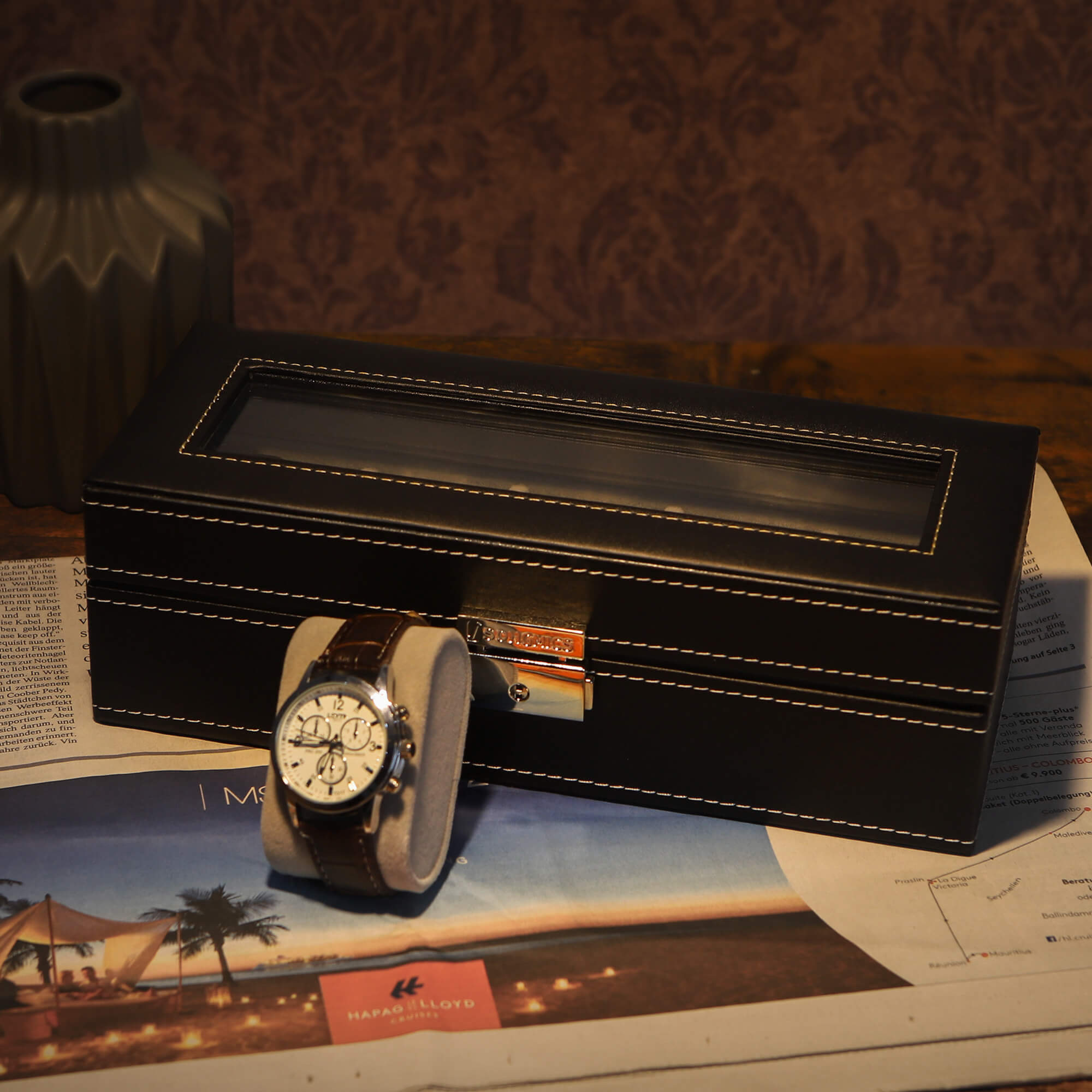 Watch Display Box – Glass – Black – Lockable with 5 Slots