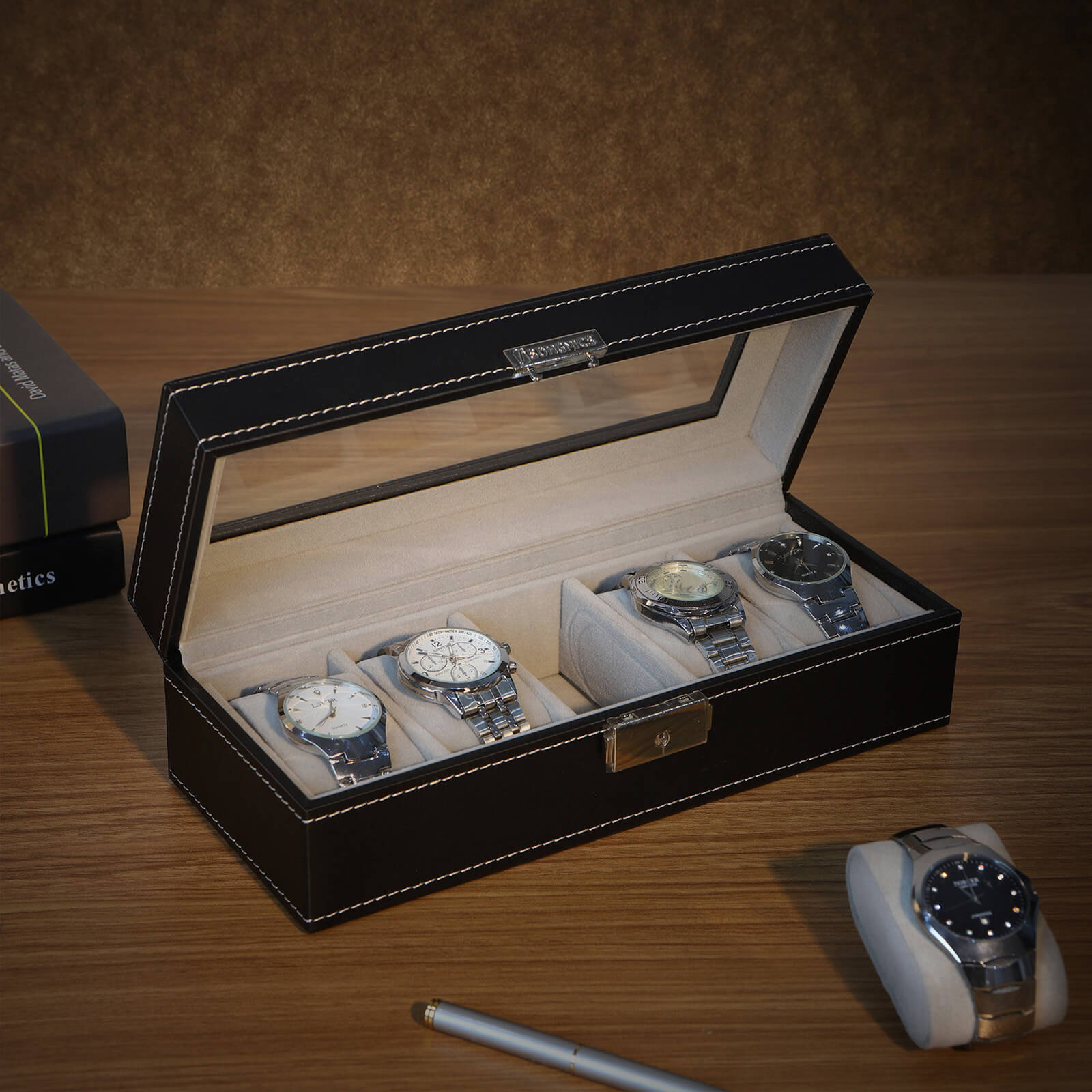 Watch Display Box – Glass – Black – Lockable with 5 Slots