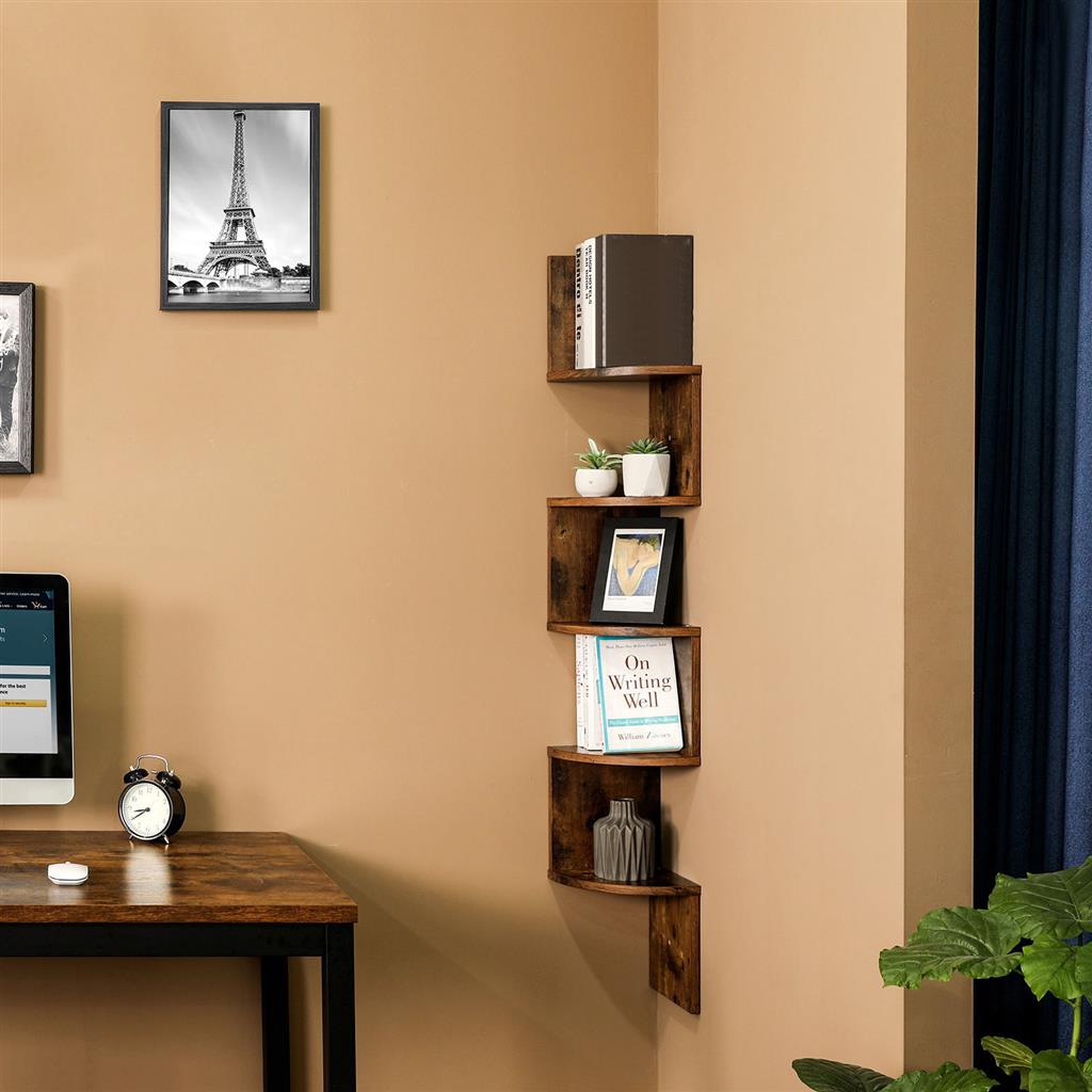5 Tier Floating Corner Shelf – Wood – White – Zigzag Design