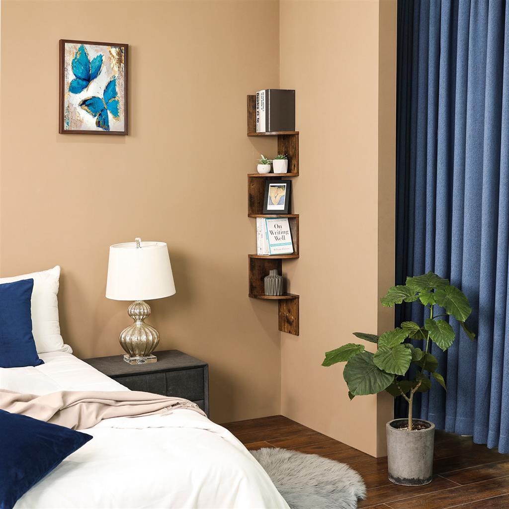 5 Tier Floating Corner Shelf – Wood – White – Zigzag Design