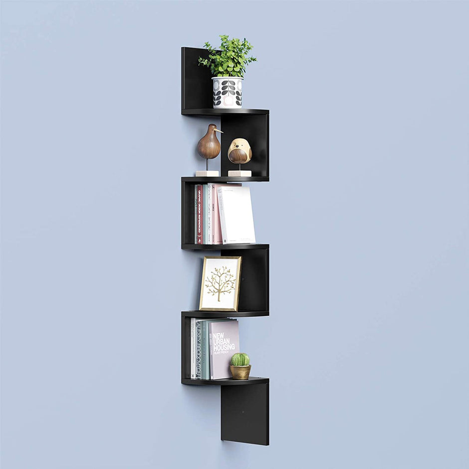 5-Tier Floating Wall Shelf – Wood – White – Zigzag Design