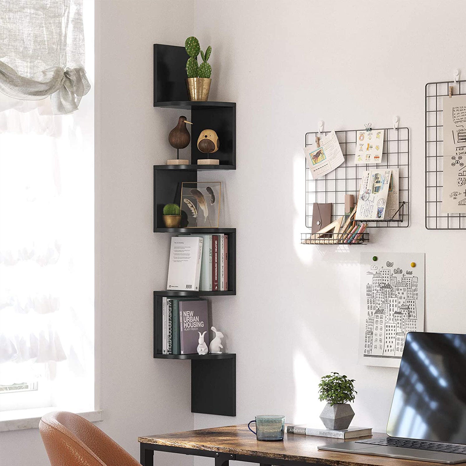 5-Tier Floating Wall Shelf – Wood – White – Zigzag Design