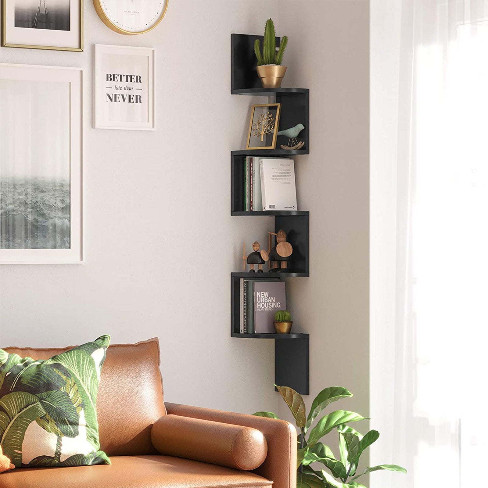 5-Tier Floating Wall Shelf – Wood – White – Zigzag Design