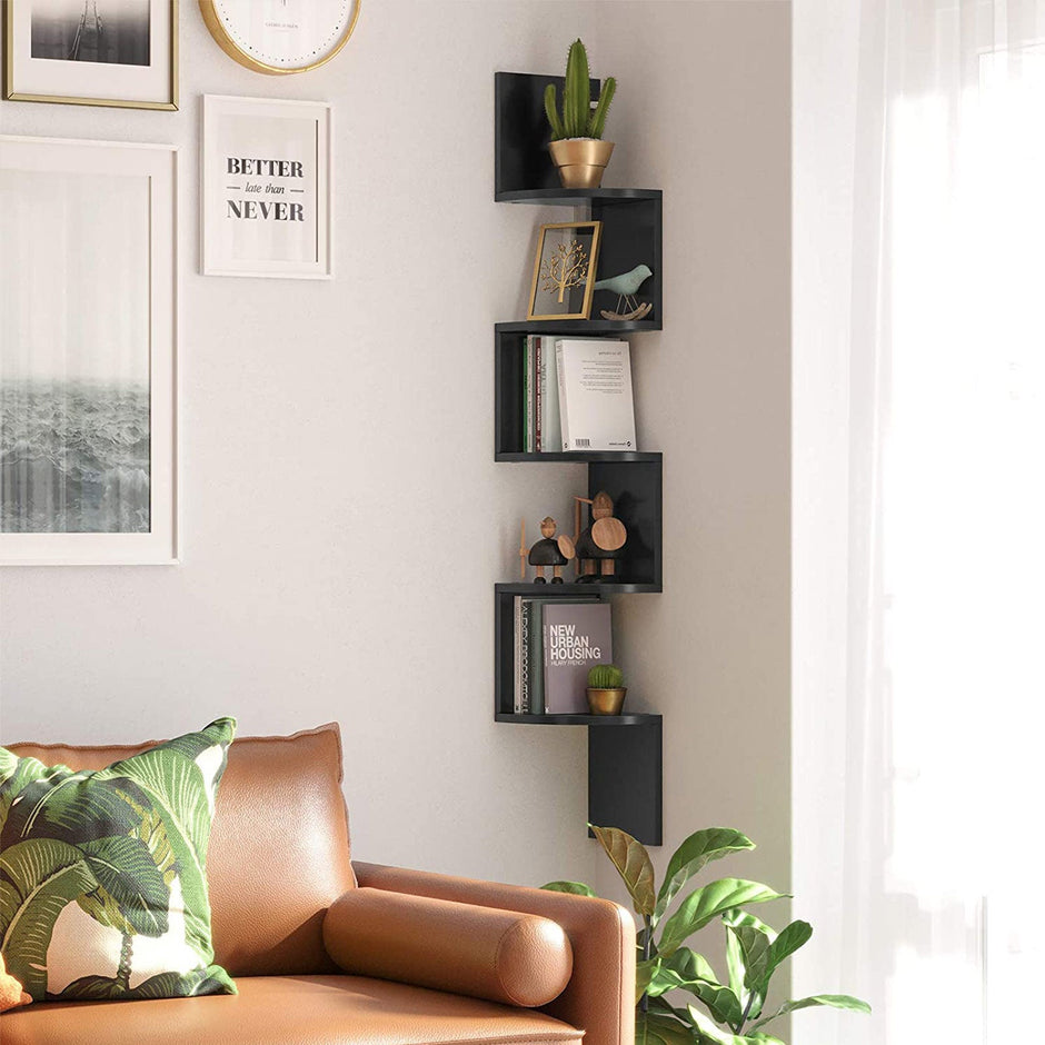 5-Tier Floating Wall Shelf – Wood – White – Zigzag Design