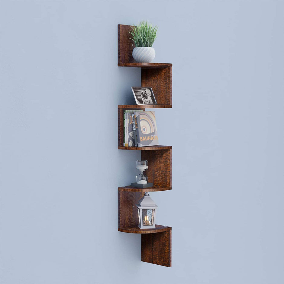 5-Tier Floating Wall Shelf – Wood – White – Zigzag Design