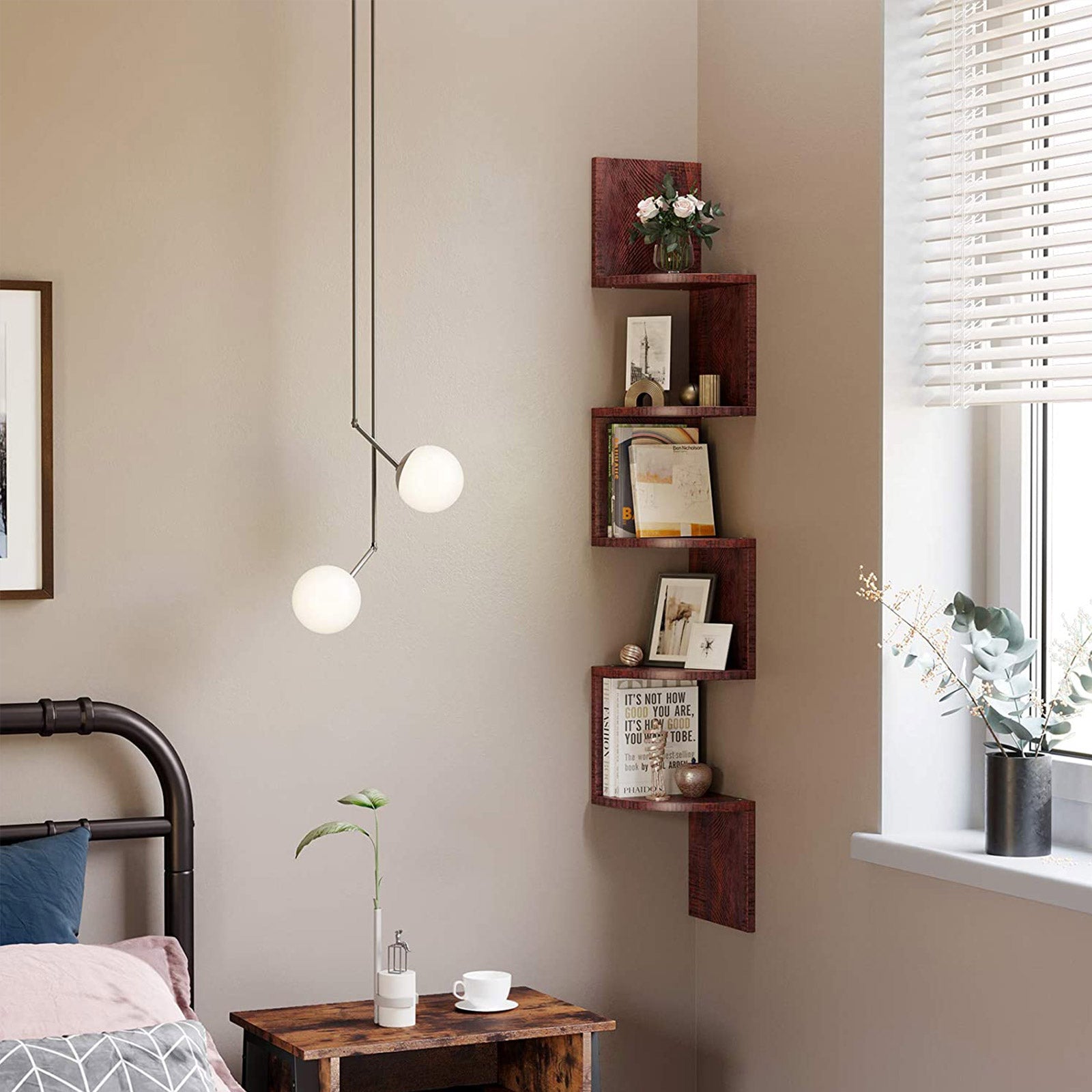 5-Tier Floating Wall Shelf – Wood – White – Zigzag Design