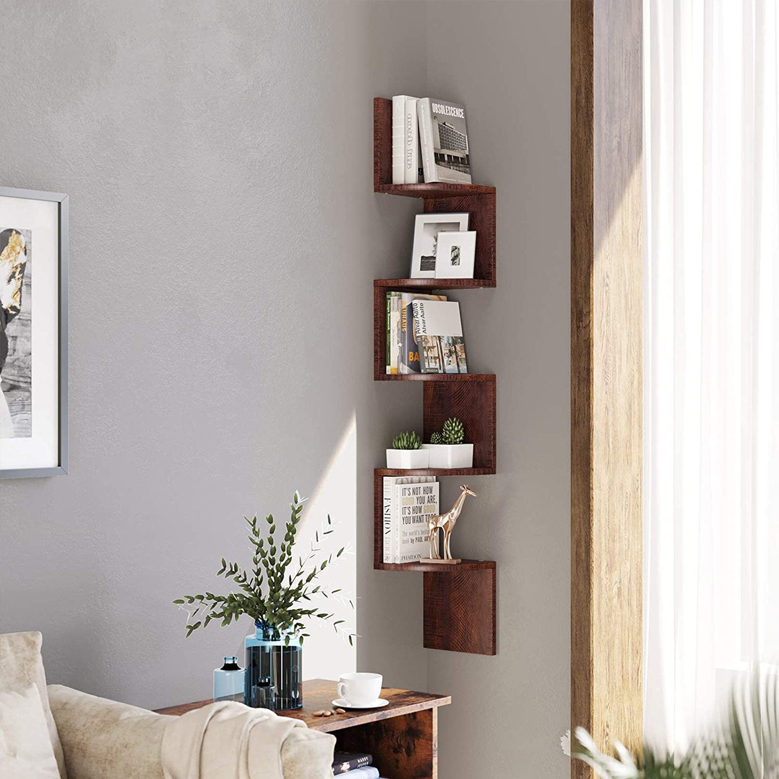 5-Tier Floating Wall Shelf – Wood – White – Zigzag Design