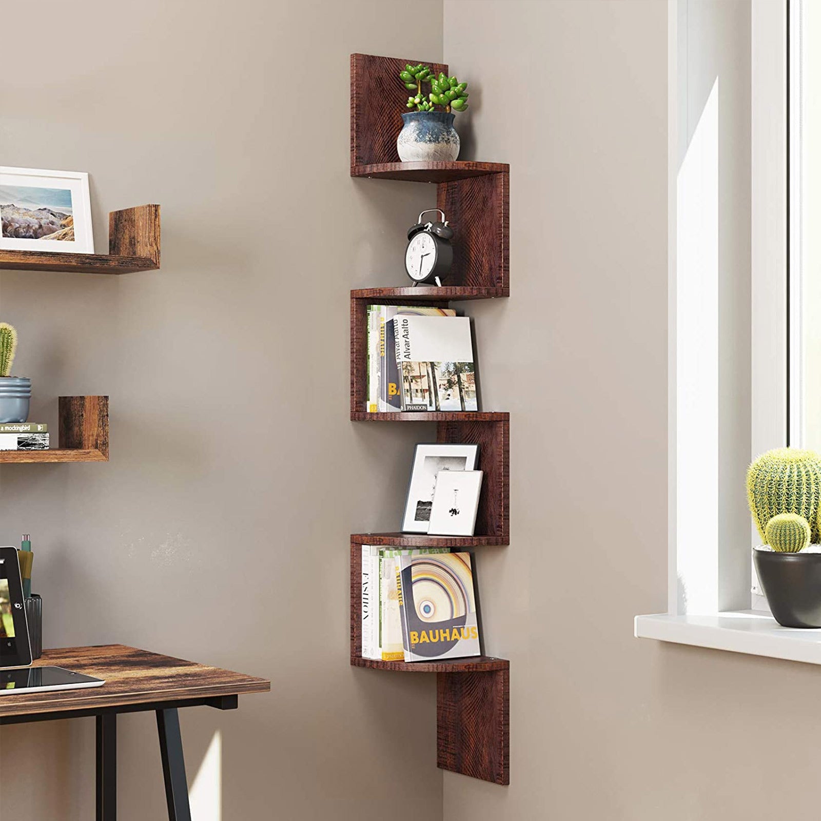 5-Tier Floating Wall Shelf – Wood – White – Zigzag Design