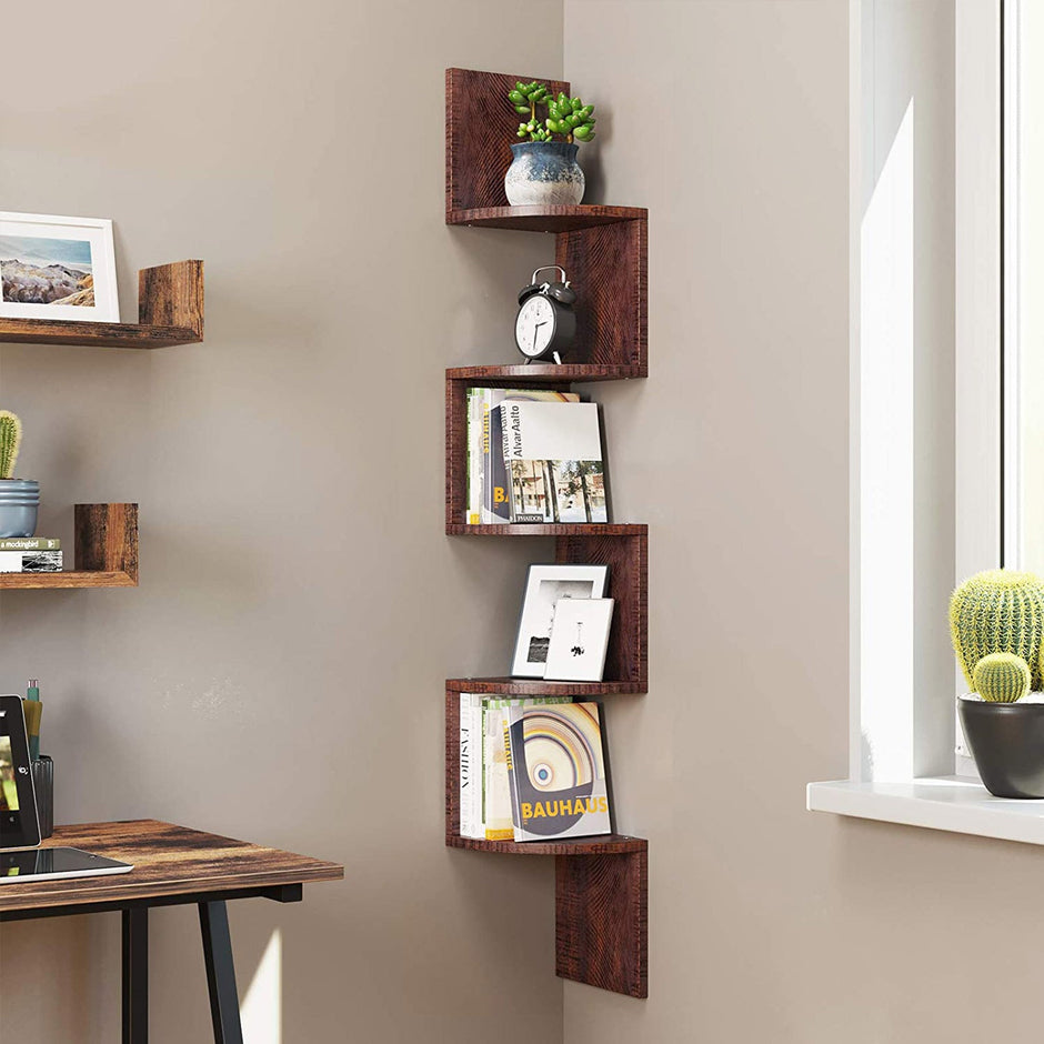 5-Tier Floating Wall Shelf – Wood – White – Zigzag Design