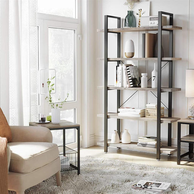 5-Tier Bookcase – Wood and Metal – Rustic Brown – Easy Assembly