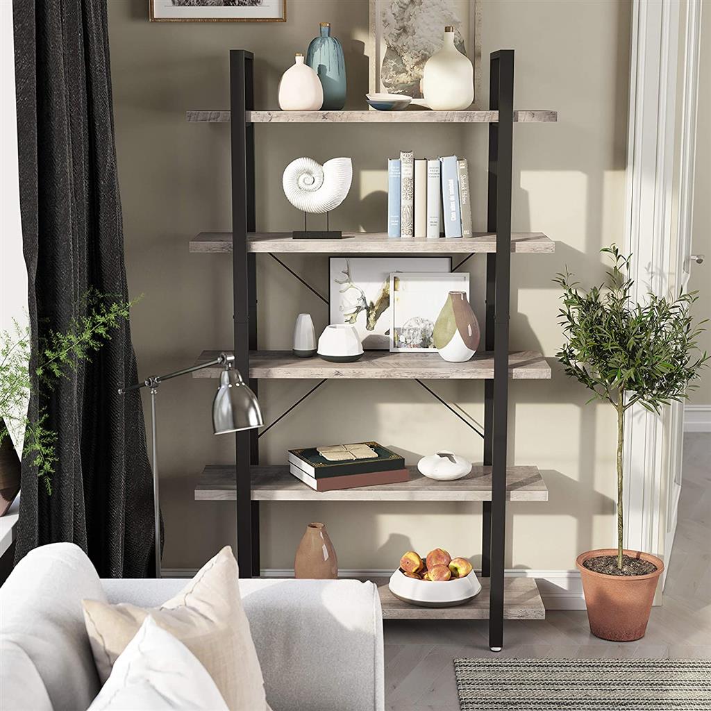5-Tier Bookcase – Wood and Metal – Rustic Brown – Easy Assembly