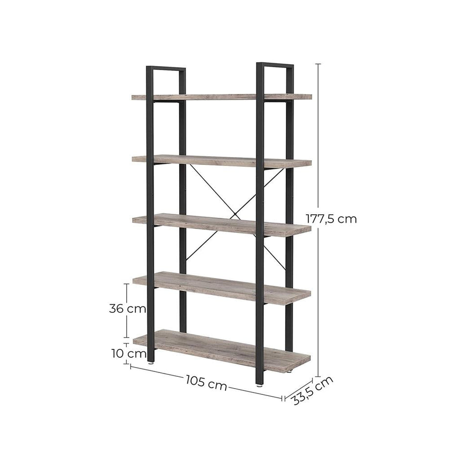 5-Tier Bookcase – Wood and Metal – Rustic Brown – Easy Assembly
