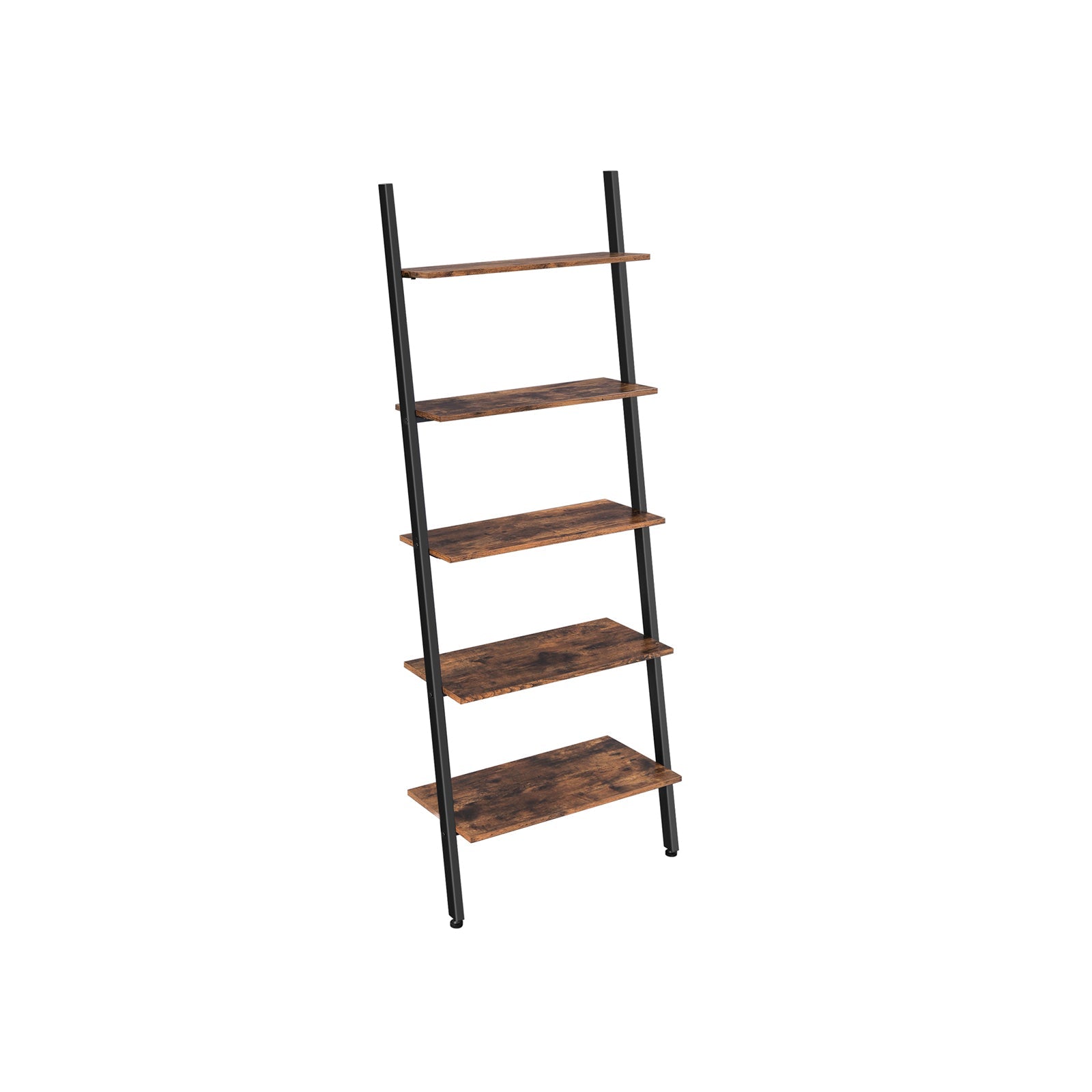 Ladder Bookcase – Iron – Rustic Brown – 5-Tier Design with Wall Support