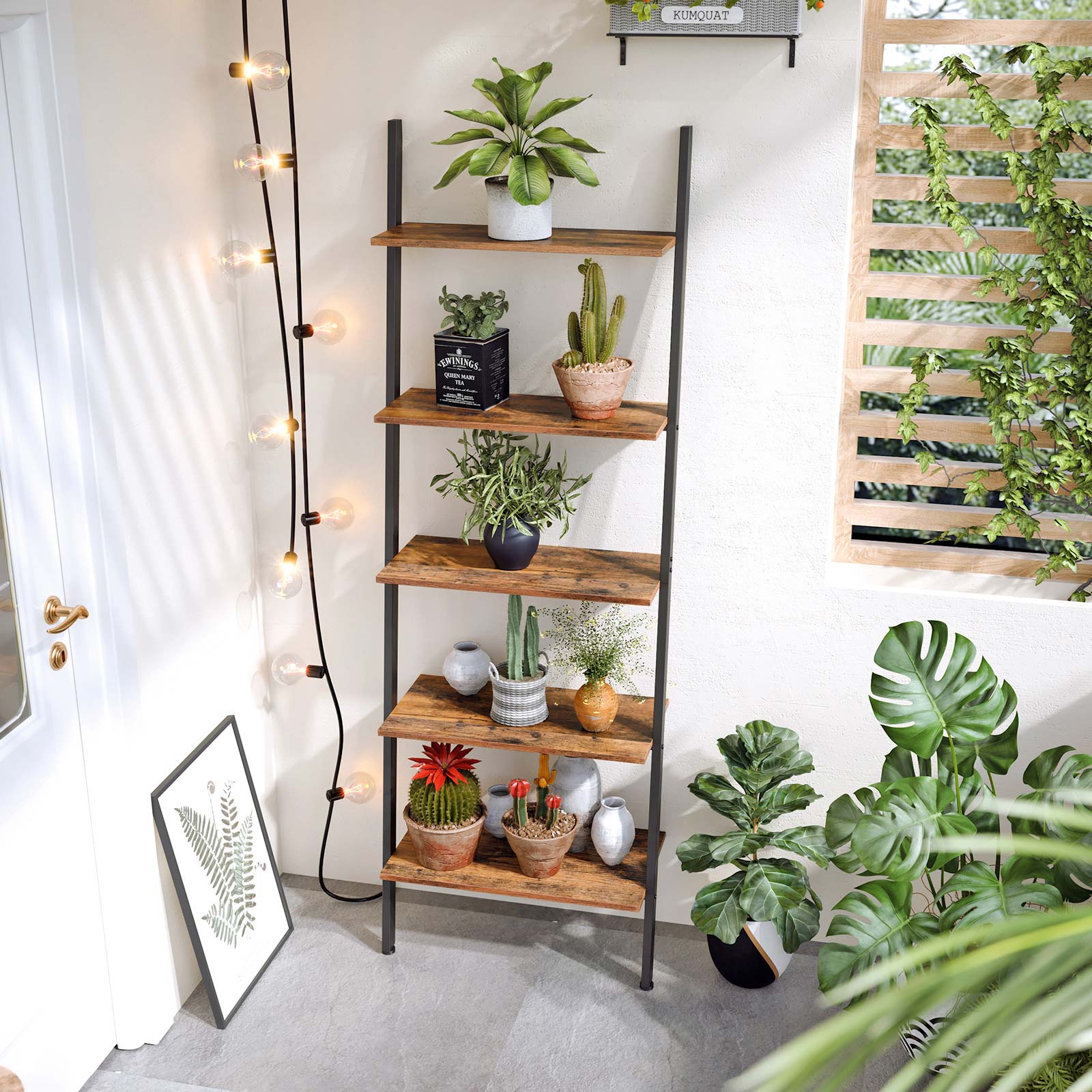 Ladder Bookcase – Iron – Rustic Brown – 5-Tier Design with Wall Support