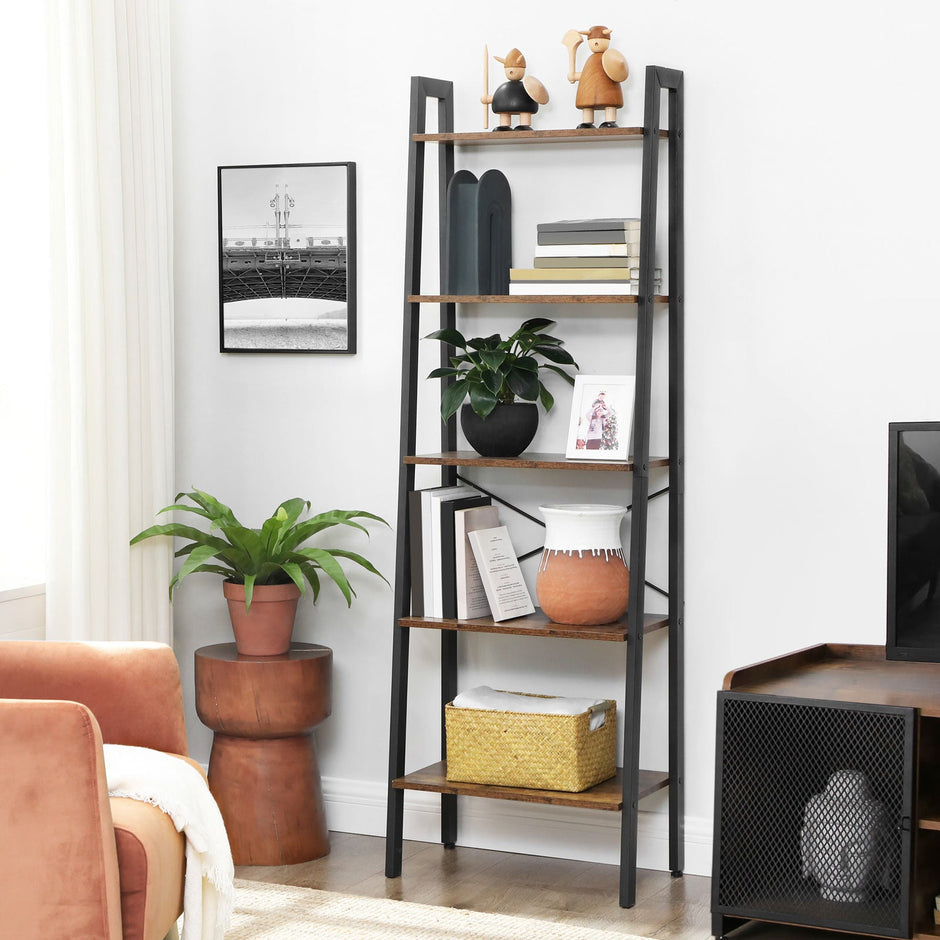 5-Tier Bookcase – Metal and Wood – Rustic Brown – Industrial Design
