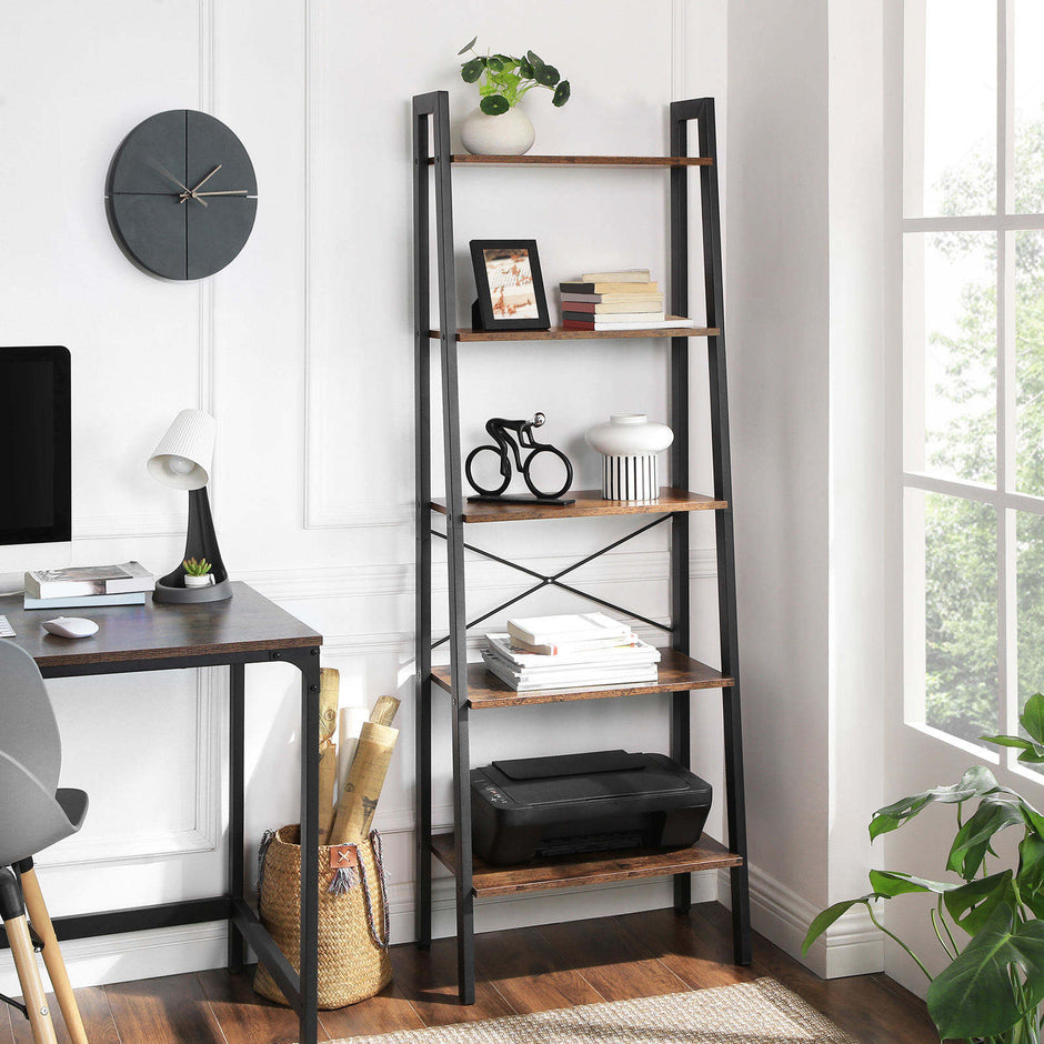 5-Tier Bookcase – Metal and Wood – Rustic Brown – Industrial Design