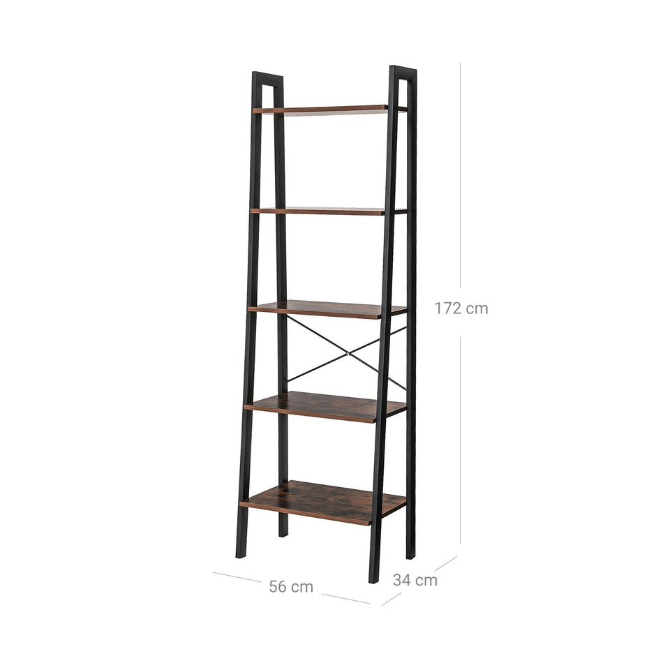 5-Tier Bookcase – Metal and Wood – Rustic Brown – Industrial Design