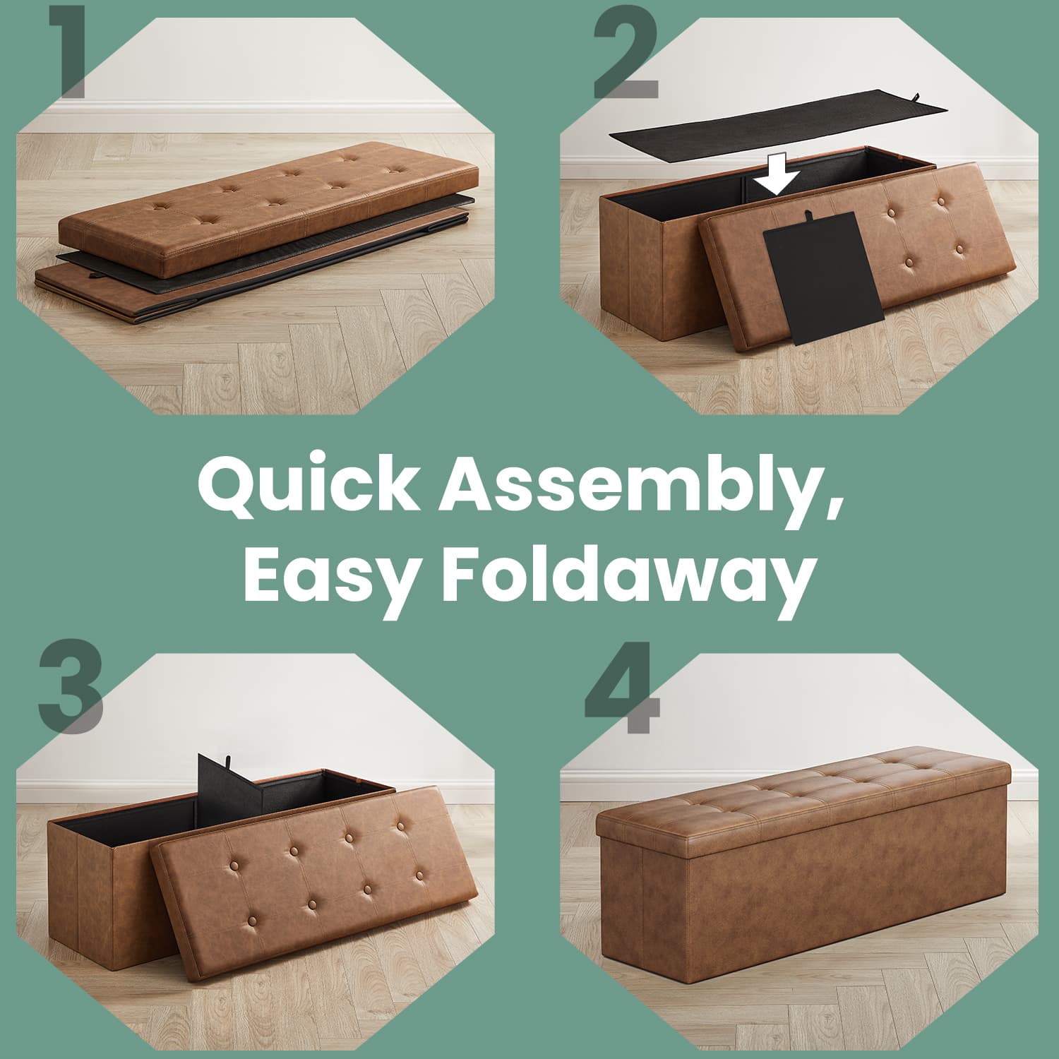 Foldable Ottoman Bench – Fabric – Brown – 300 kg Capacity with Storage