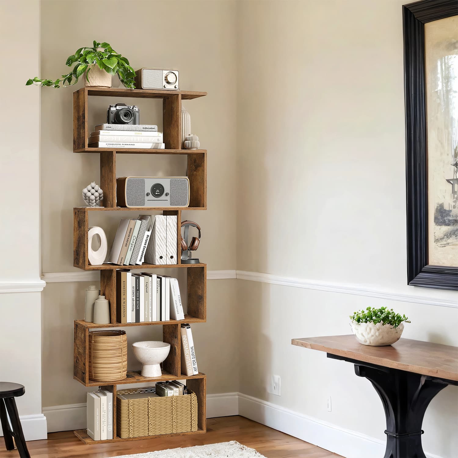 6-Tier Bookshelf – Wood – White – Freestanding Room Divider