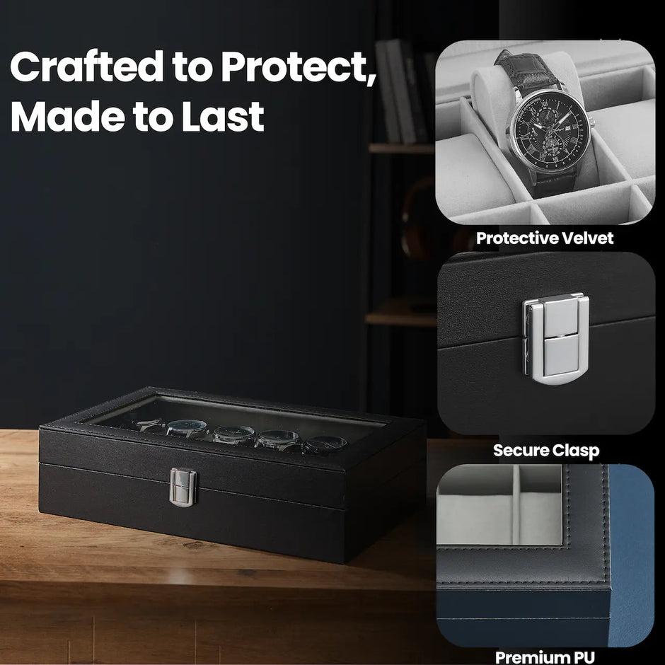 12-Slot Watch Box Organizer – Synthetic Leather – Black with Greenish Grey Lining – Large Glass Lid and Removable Watch Pillows