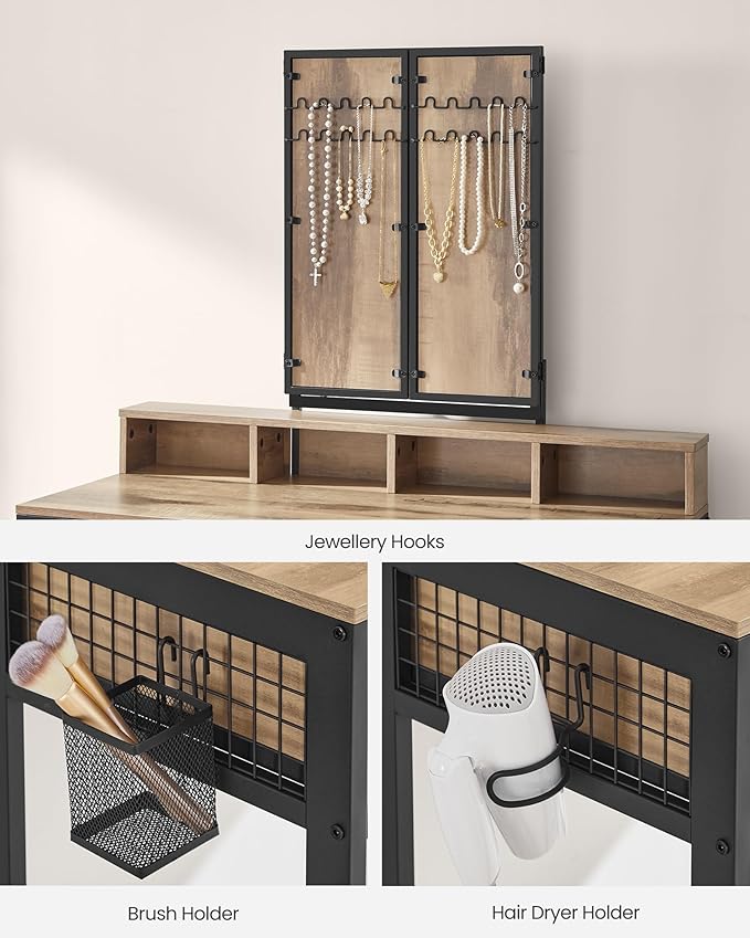Dressing Table – Wood – Industrial Style – Tri-Fold Mirror, 3 Drawers, Hair Dryer Holder