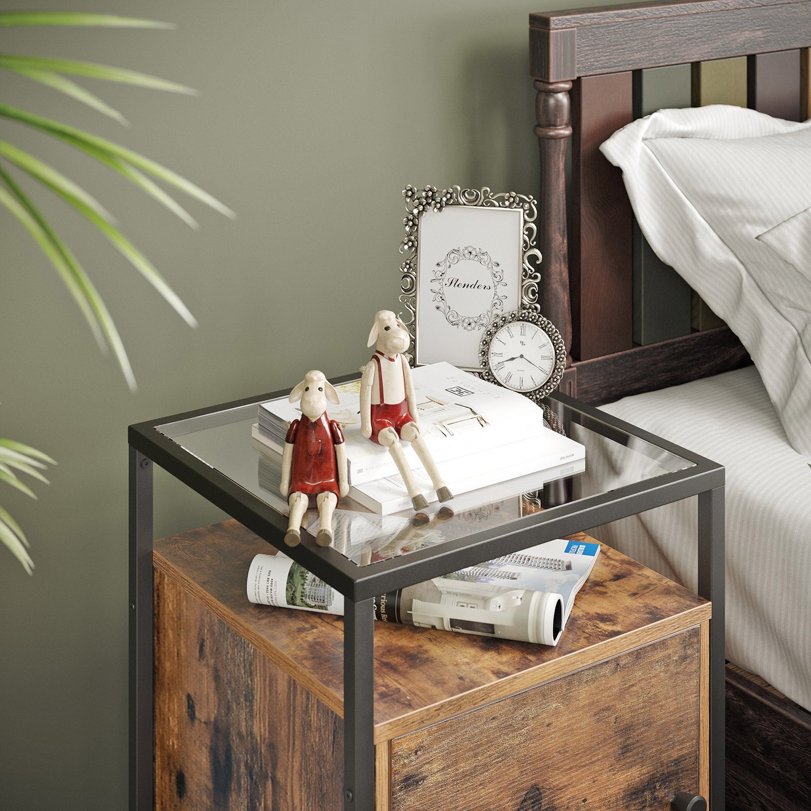 Side Table – Tempered Glass and Wood – Rustic Brown – Industrial Design with Cupboard