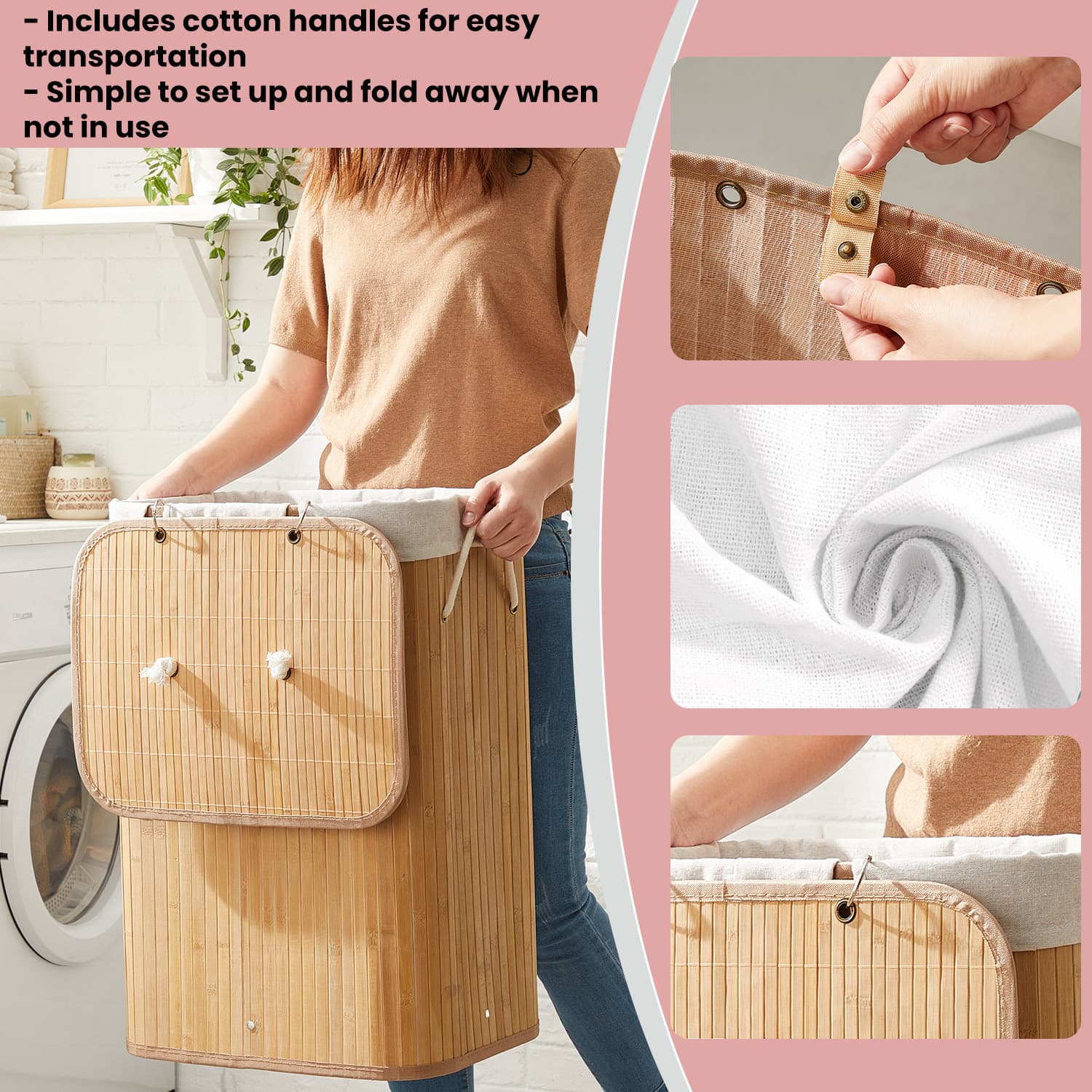 Foldable Laundry Hamper – Bamboo – Natural – 72 L Capacity with Lid and 3 Handles