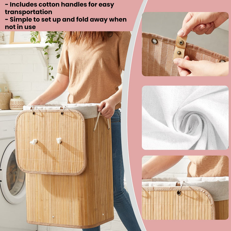Foldable Laundry Hamper – Bamboo – Natural – 72 L Capacity with Lid and 3 Handles