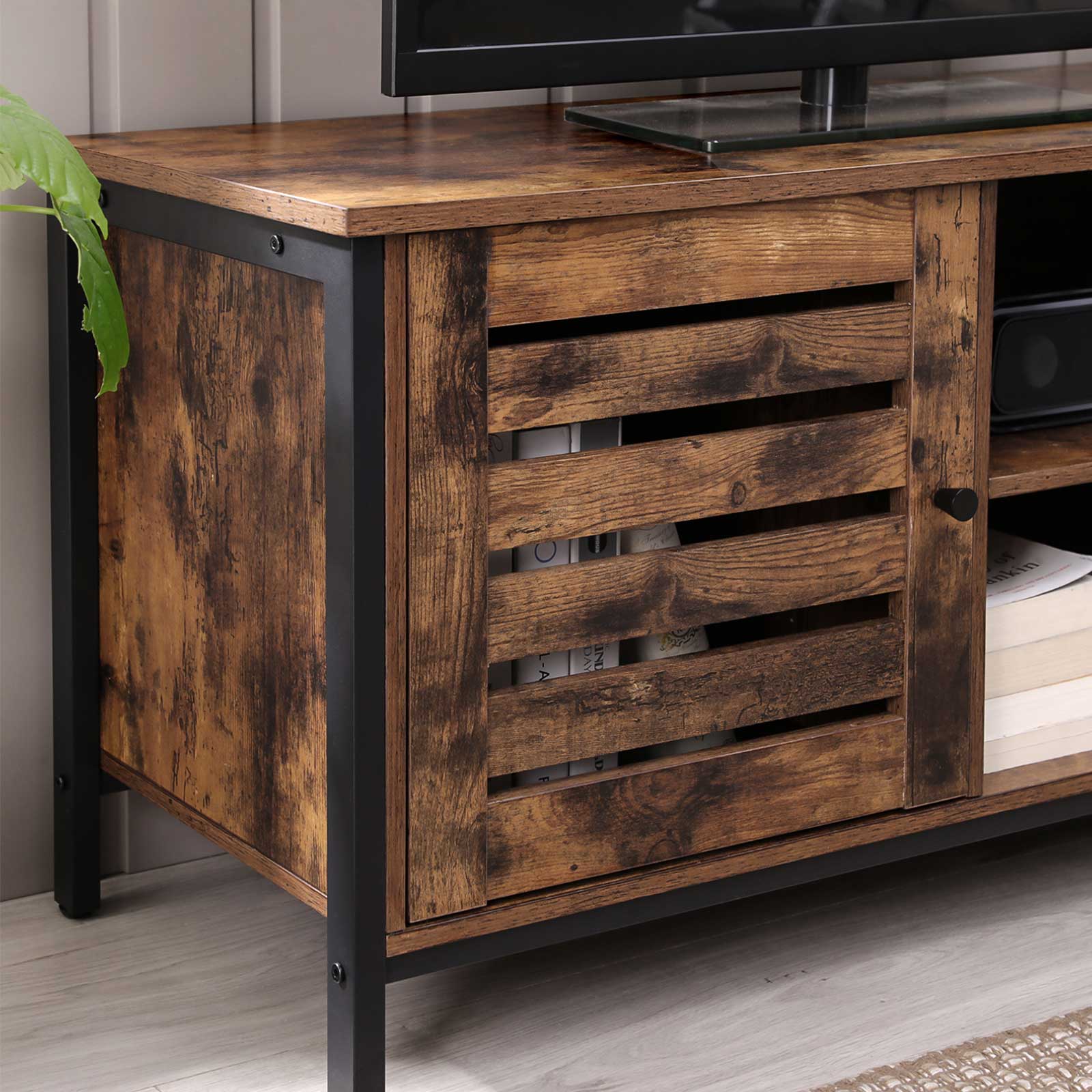 TV Cabinet – Wood and Metal – Rustic Brown and Black – Louvred Door with 2 Shelves