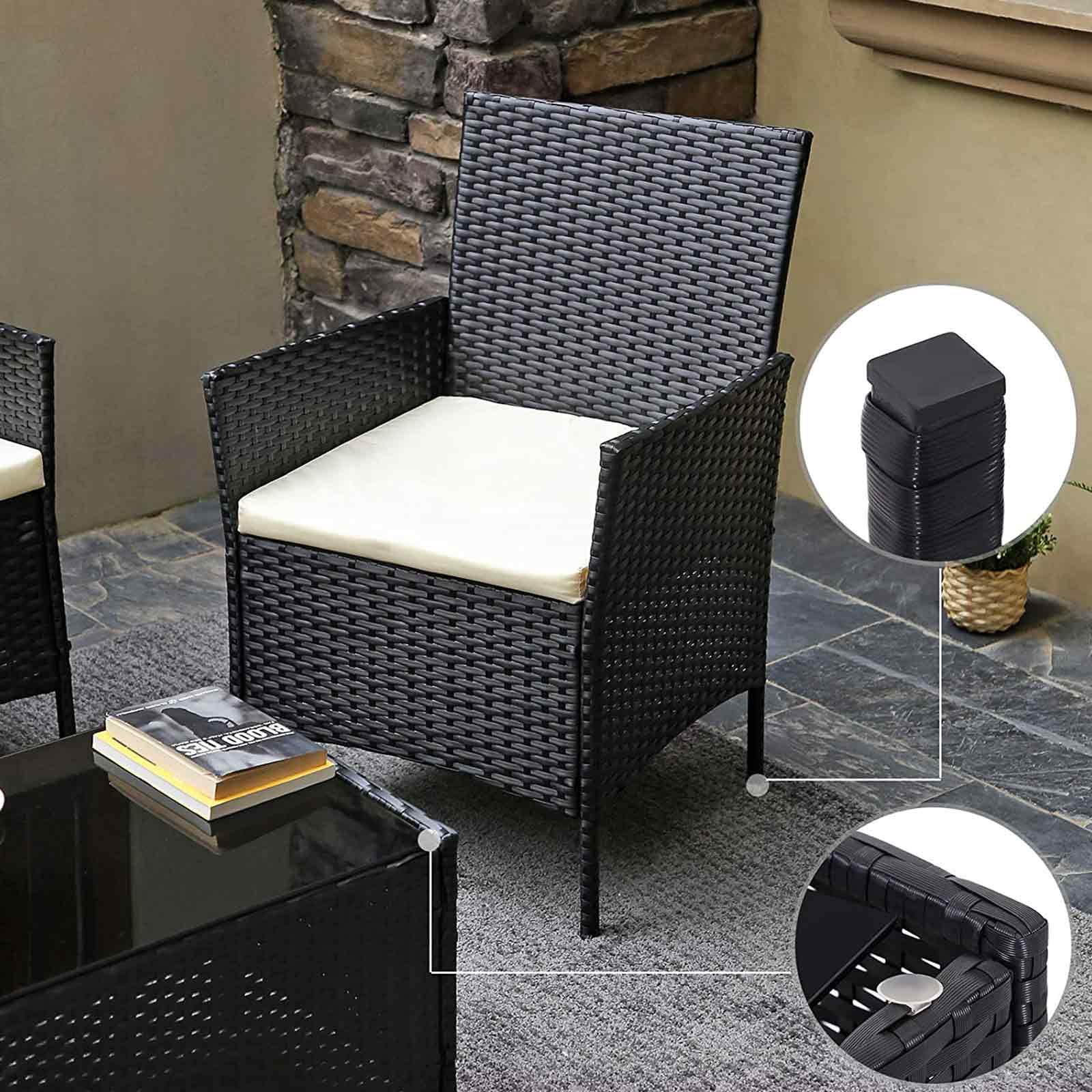 Garden Furniture Set – Polyrattan – Black and Beige – Outdoor Patio and Conservatory Use