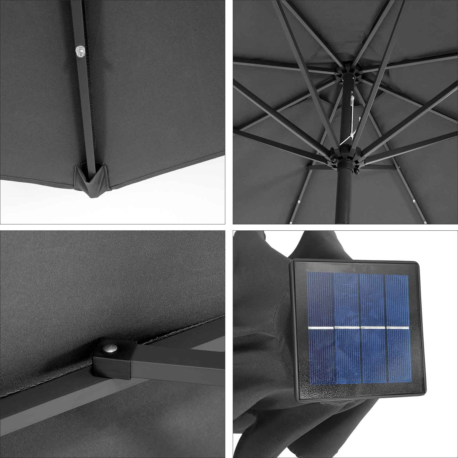 Large Patio Sun Umbrella – Fabric – Grey – Solar-Powered LED Lights, UPF 50+ Protection, Tilting Mechanism