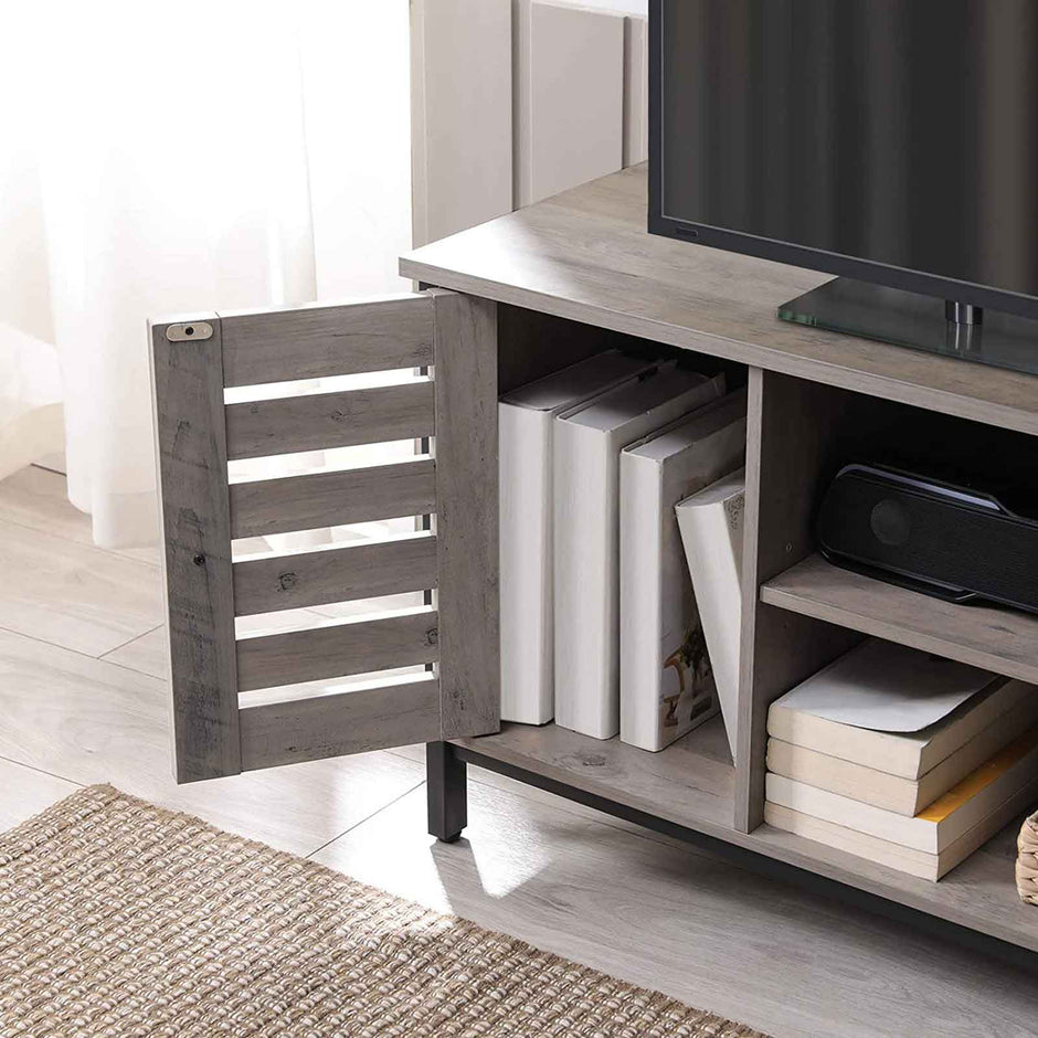 TV Console Unit – Wood – Rustic Brown – Louvered Doors, Storage Shelves