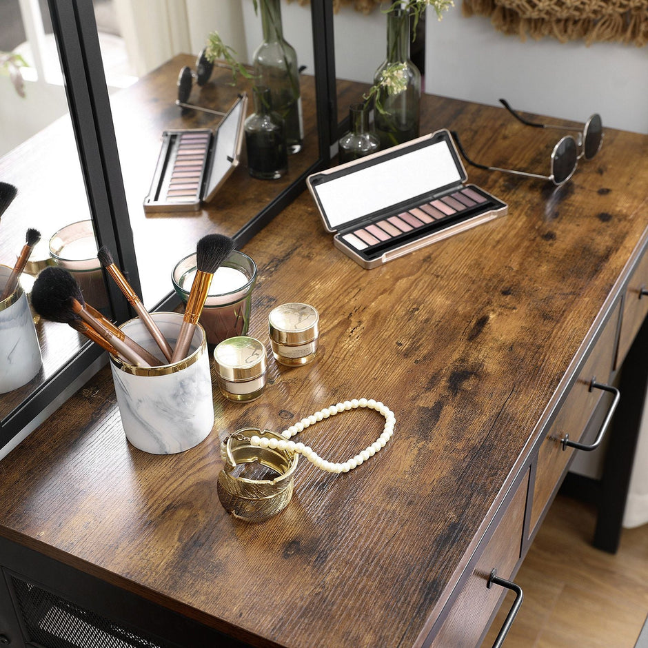 Vanity Table Set – Steel Frame – Rustic Brown and Black – Tri-Fold Mirror, 3 Drawers