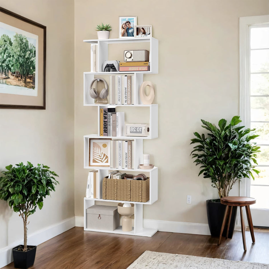 6-Tier Bookshelf – Wood – White – Freestanding Room Divider