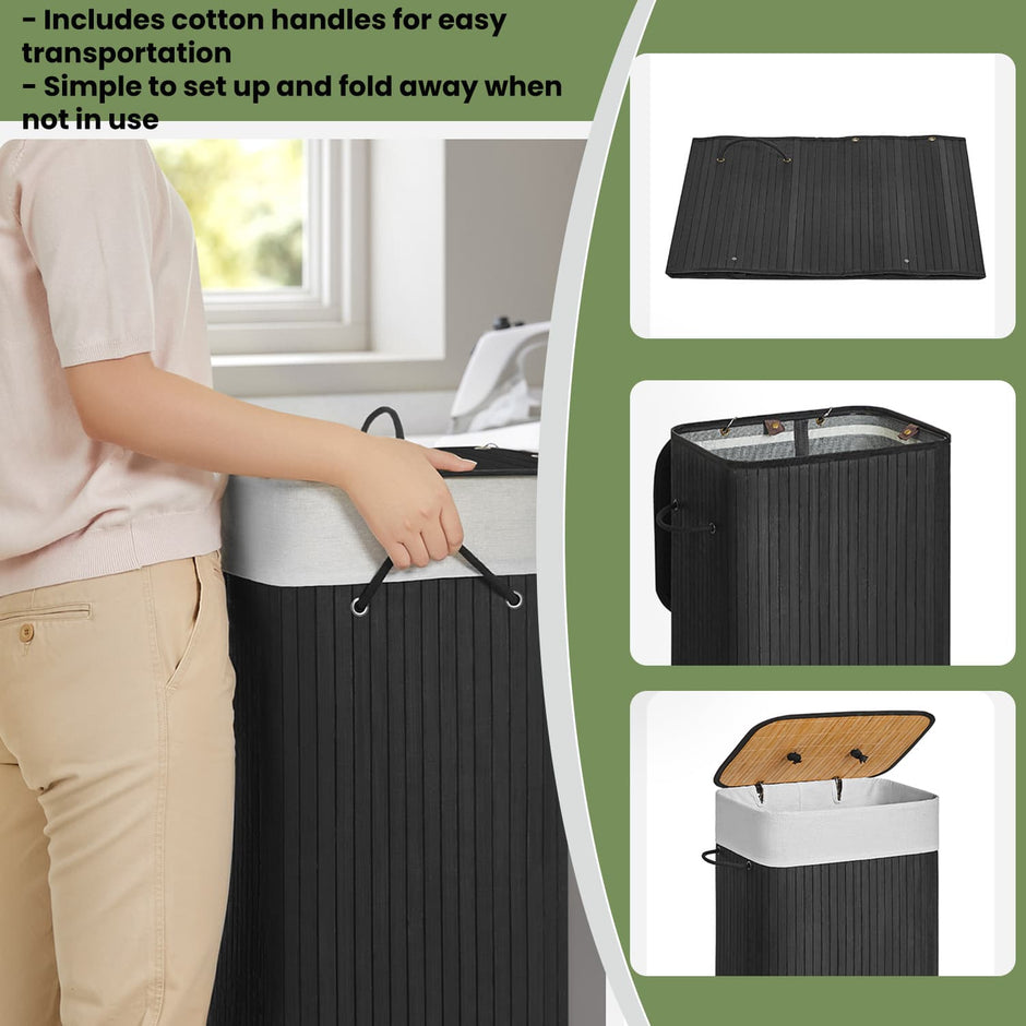 Foldable Laundry Hamper – Bamboo – Natural – 72 L Capacity with Lid and 3 Handles