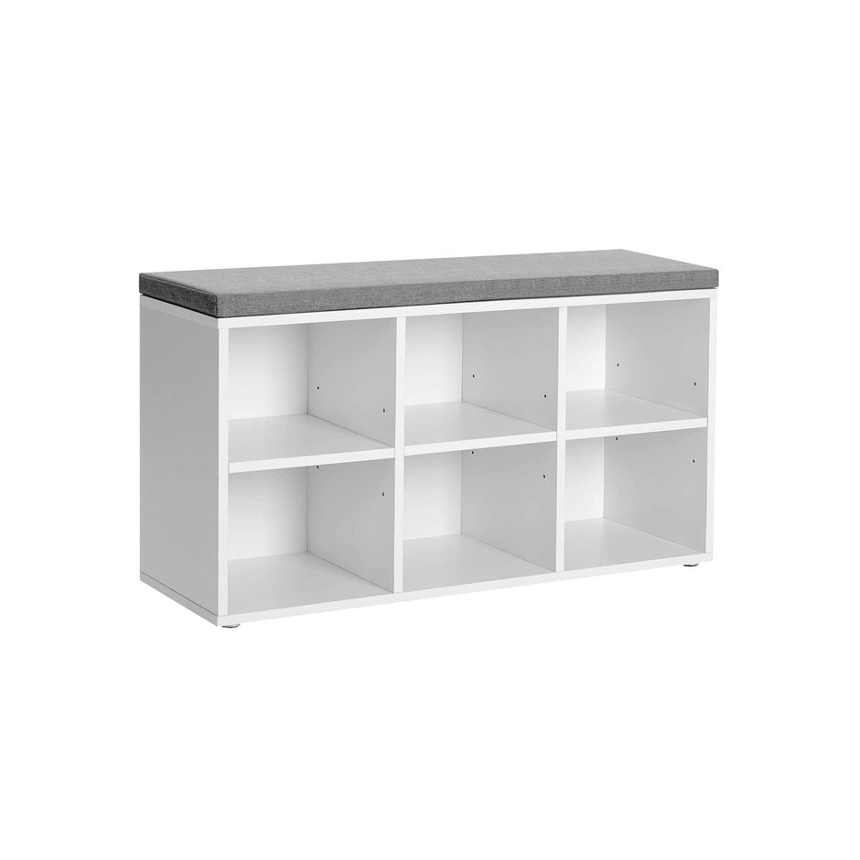 Shoe Bench – Engineered Wood – White – 6 Compartments with 3 Adjustable Shelves