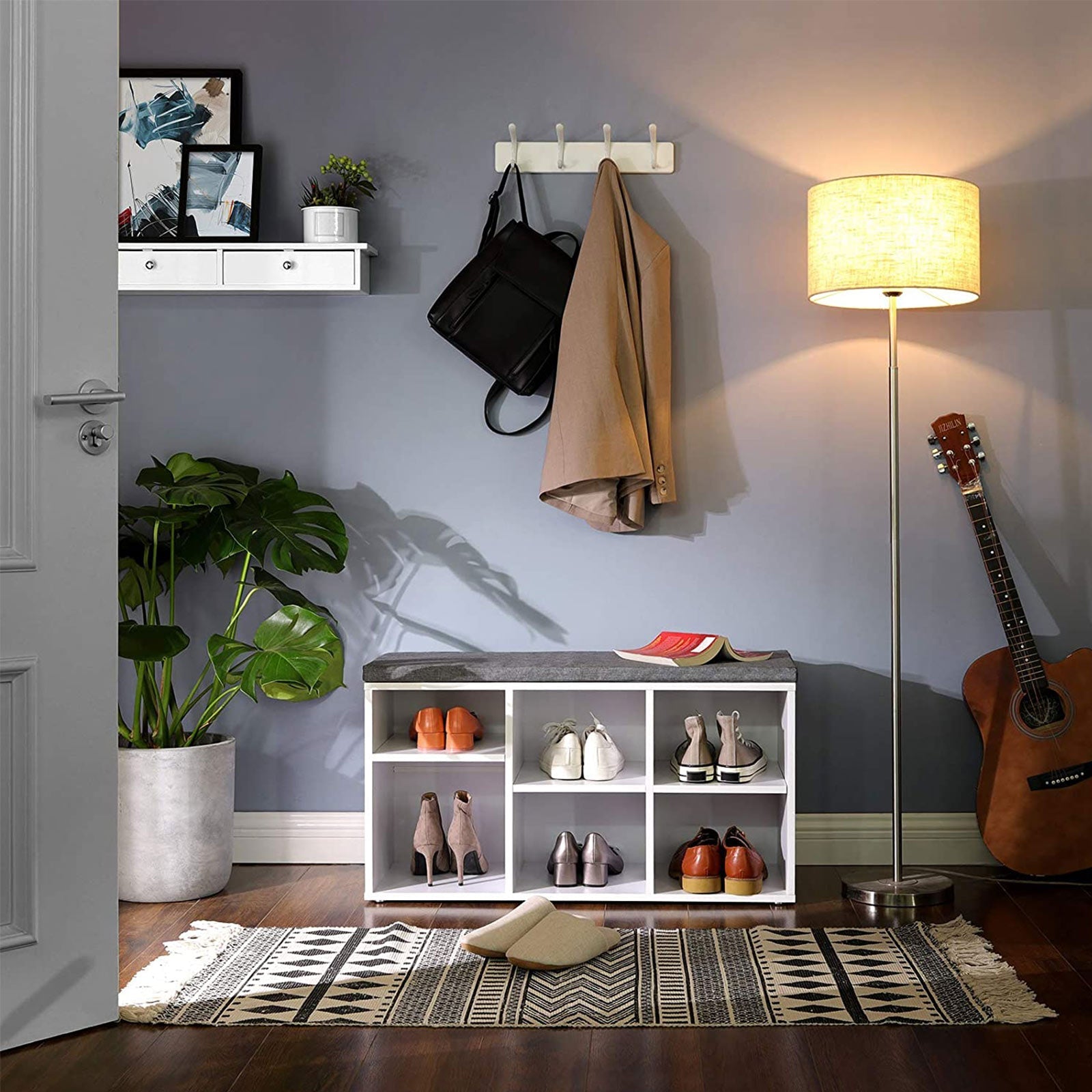 Shoe Bench – Engineered Wood – White – 6 Compartments with 3 Adjustable Shelves