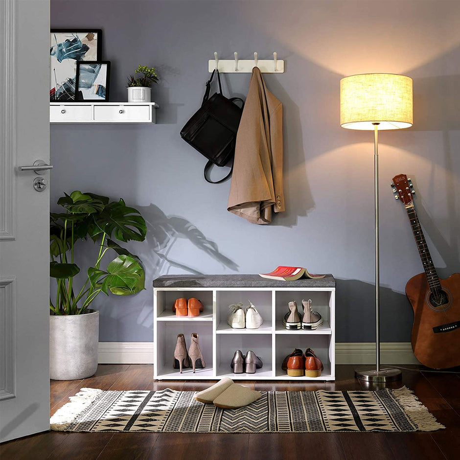Shoe Bench – Engineered Wood – White – 6 Compartments with 3 Adjustable Shelves