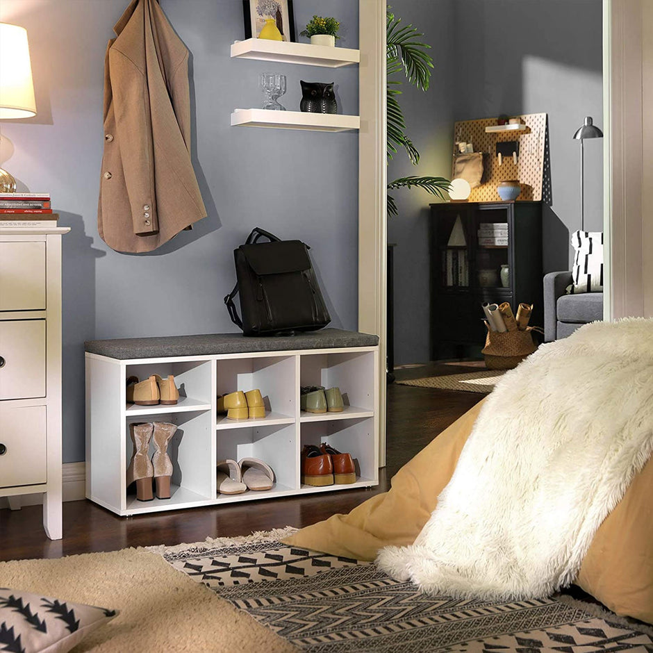 Shoe Bench – Engineered Wood – White – 6 Compartments with 3 Adjustable Shelves