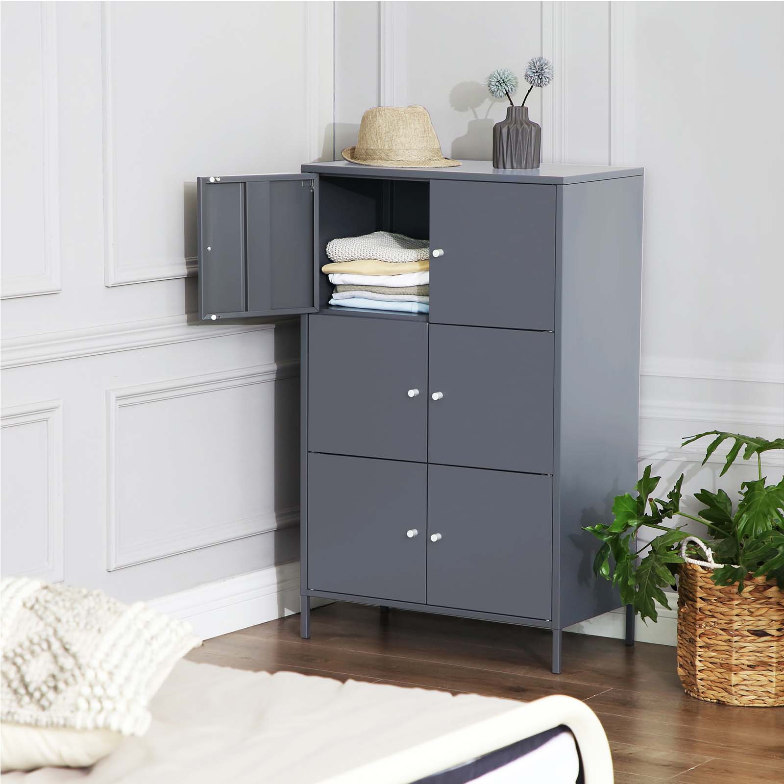 Storage Cabinet – Metal – Grey – 6 Doors, 3-Tier Design, Max. Load Capacity 15 kg per Shelf