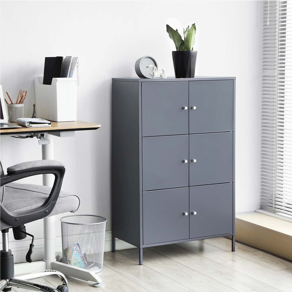 Storage Cabinet – Metal – Grey – 6 Doors, 3-Tier Design, Max. Load Capacity 15 kg per Shelf