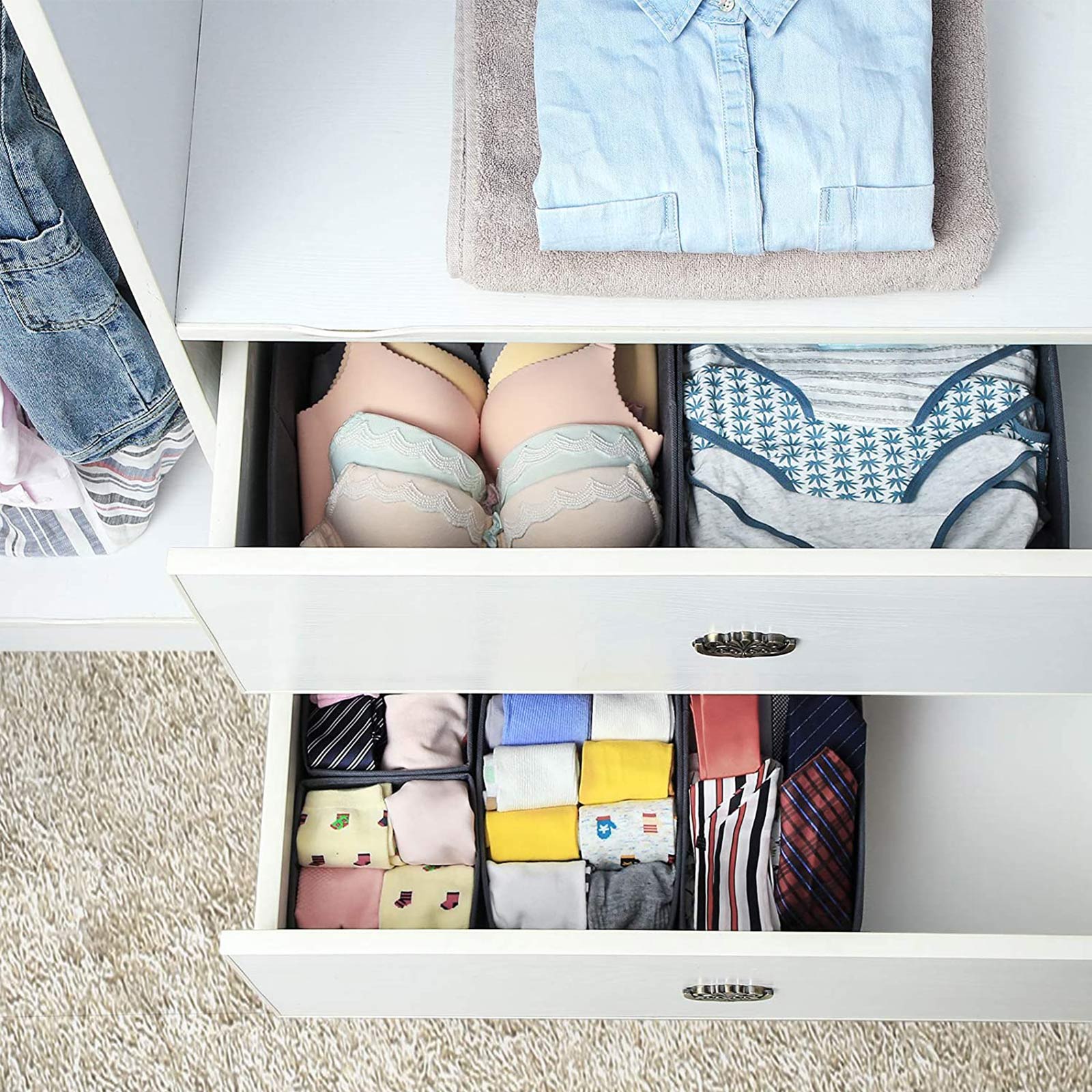 Drawer Organisers – Fabric – Pink – Set of 6 Foldable Containers for Underwear and Accessories