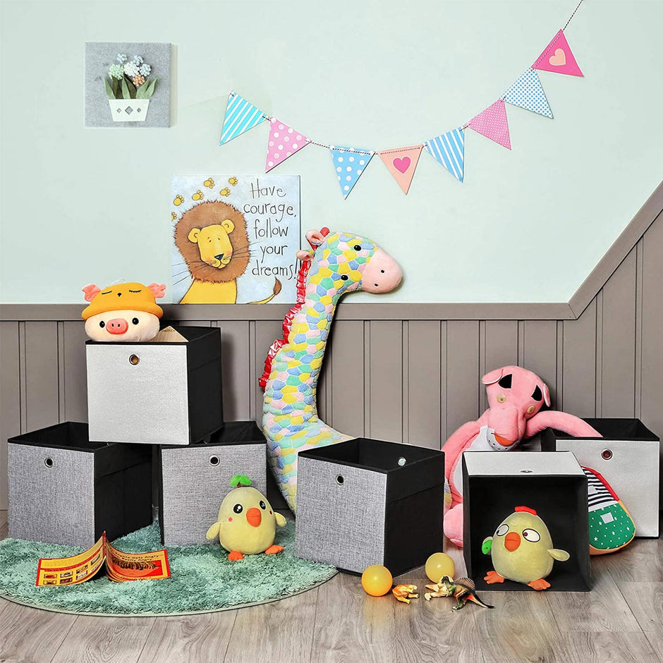 Foldable Storage Boxes – Fabric – White, Grey, and Black – Multi-Functional Toy Organizer, Set of 6, 30 x 30 x 30 cm