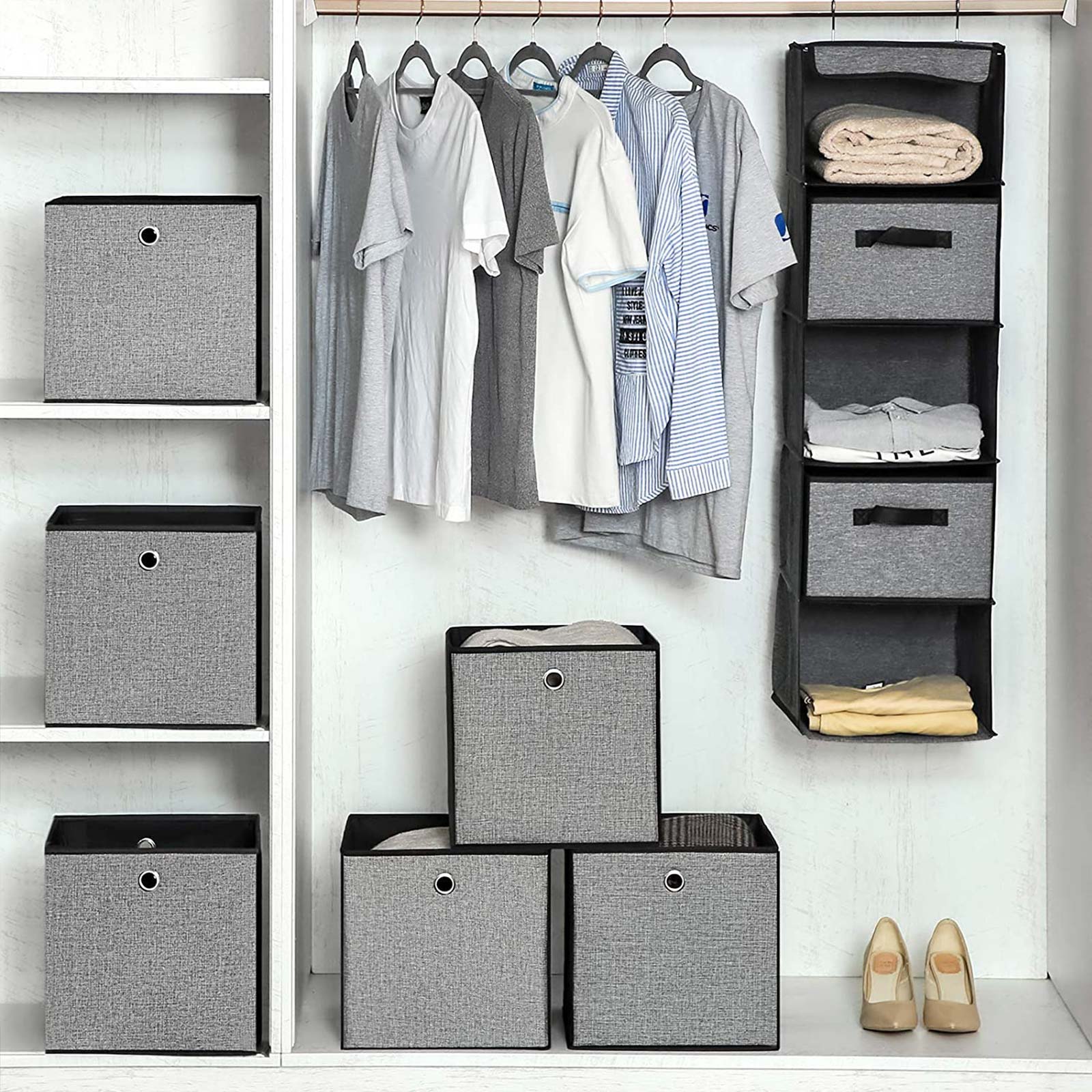 Foldable Storage Boxes – Fabric – White, Grey, and Black – Multi-Functional Toy Organizer, Set of 6, 30 x 30 x 30 cm