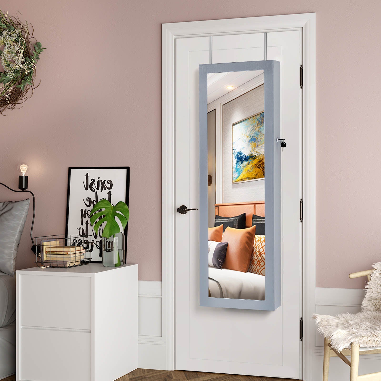 Jewelry Armoire – Wood – Grey – Lockable Wall-Mounted with Mirror and 6 LEDs