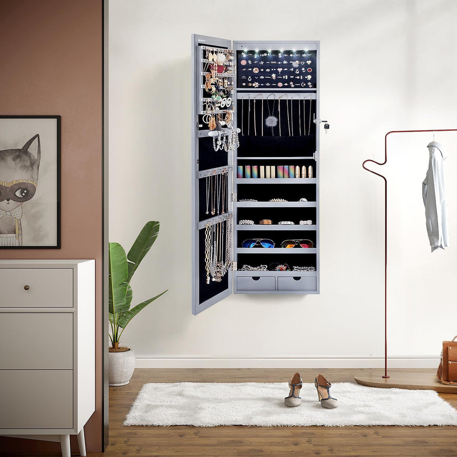Jewelry Armoire – Wood – Grey – Lockable Wall-Mounted with Mirror and 6 LEDs