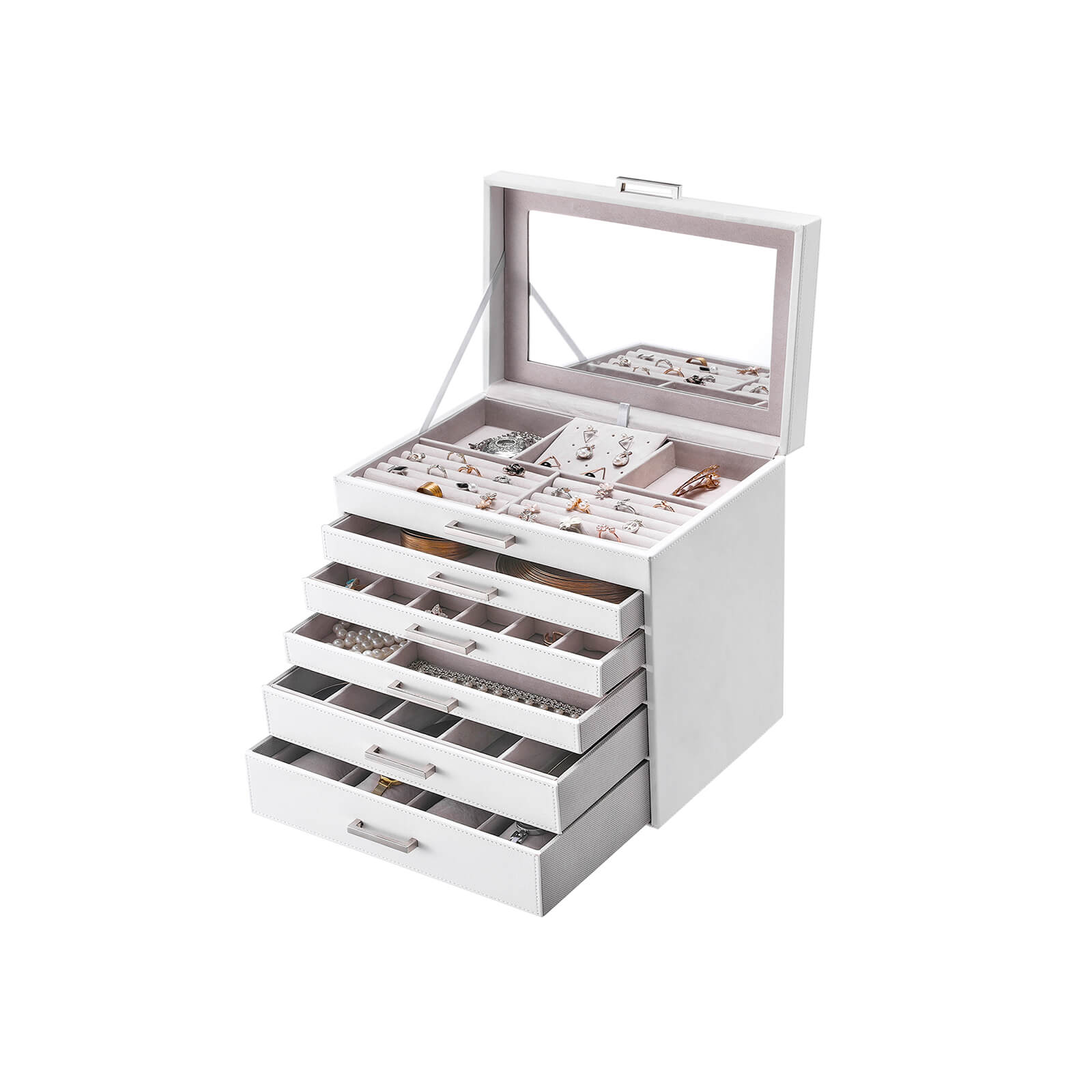 Jewellery Box – Wood – White – 6 Layers with 5 Drawers
