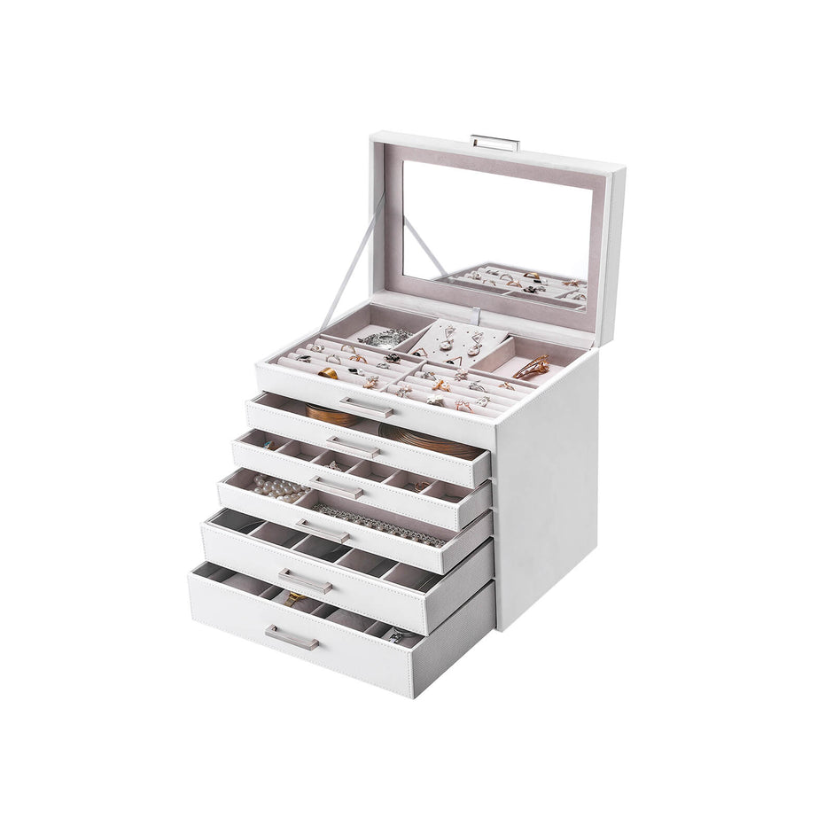 Jewellery Box – Wood – White – 6 Layers with 5 Drawers